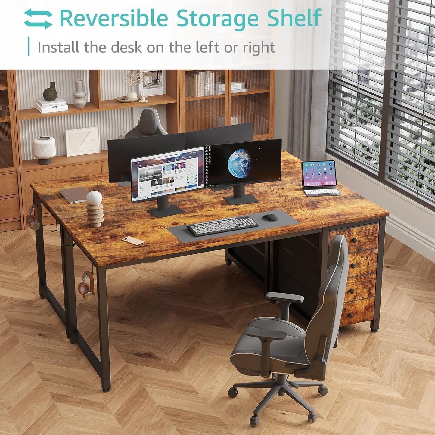 Lufeiya Computer Desk with Fabric Drawers - 55 Inch Long Study Work Writing Desk for Home Office Bedroom, Reversible Simple Modern Cute PC Desks with Drawer, Rustic Brown