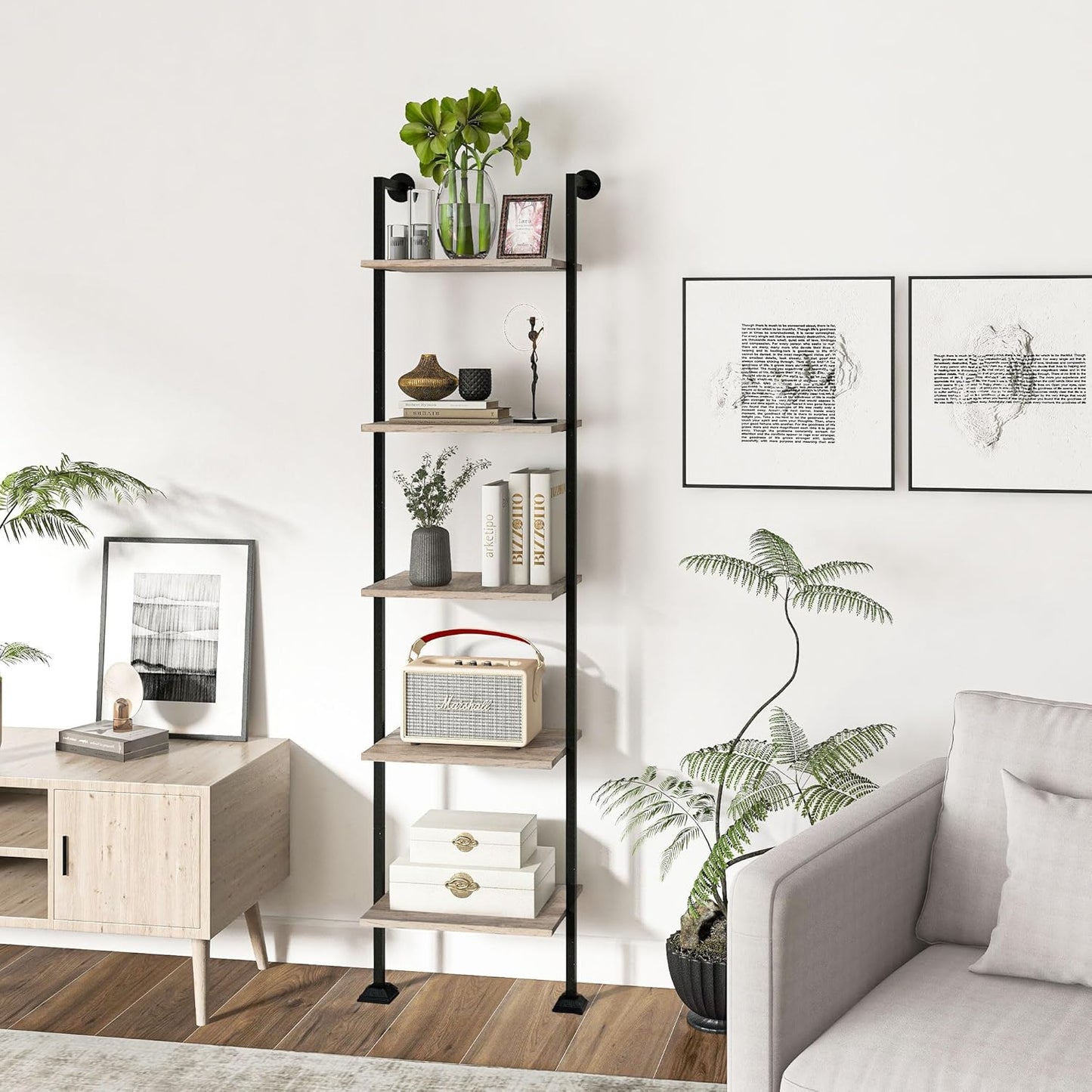 Axeman 5-Tier Ladder Shelf, Tall Narrow Bookcase for Small Spaces, Book Storage Organizer Case Open Shelves for Living Room, Home Office, Study, Industrial Style Black Metal Frame and Gray Shelf