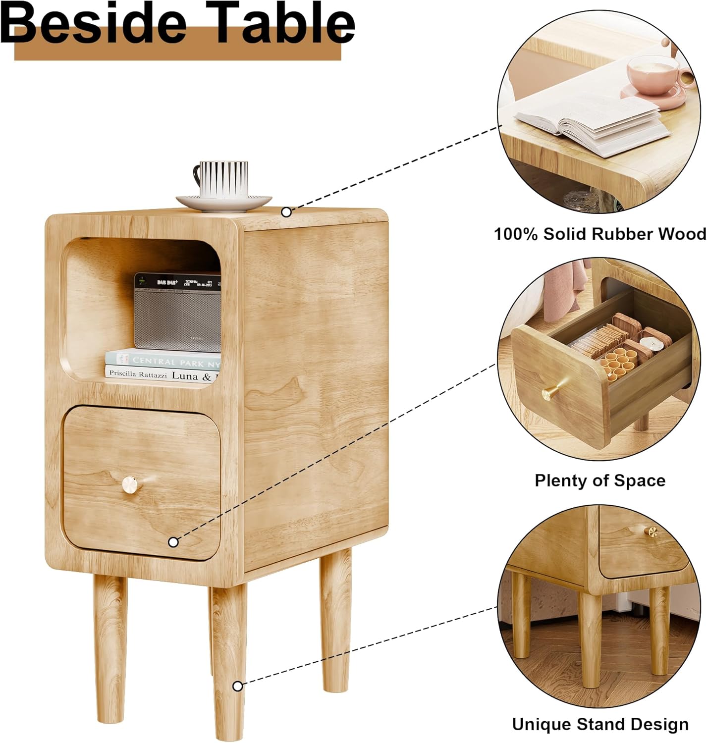 Narrow Nightstand, Solid Wood Night Stand with Drawers, Natural Mid Century Modern Nightstand, Small Beside Table with Open Storage Shelf for Bedroom (10 inch)