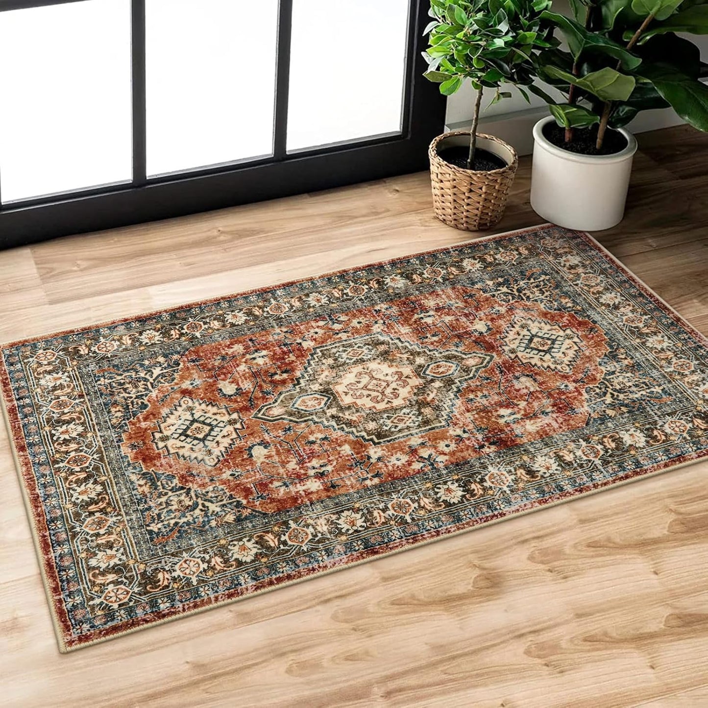Lahome Oriental Small Area Rug, 2x4 Washable Entryway Rug Non-Slip Ultra-Thin Indoor Door Mat Distressed Throw Carpet for Kitchen Bedroom, Brick Red
