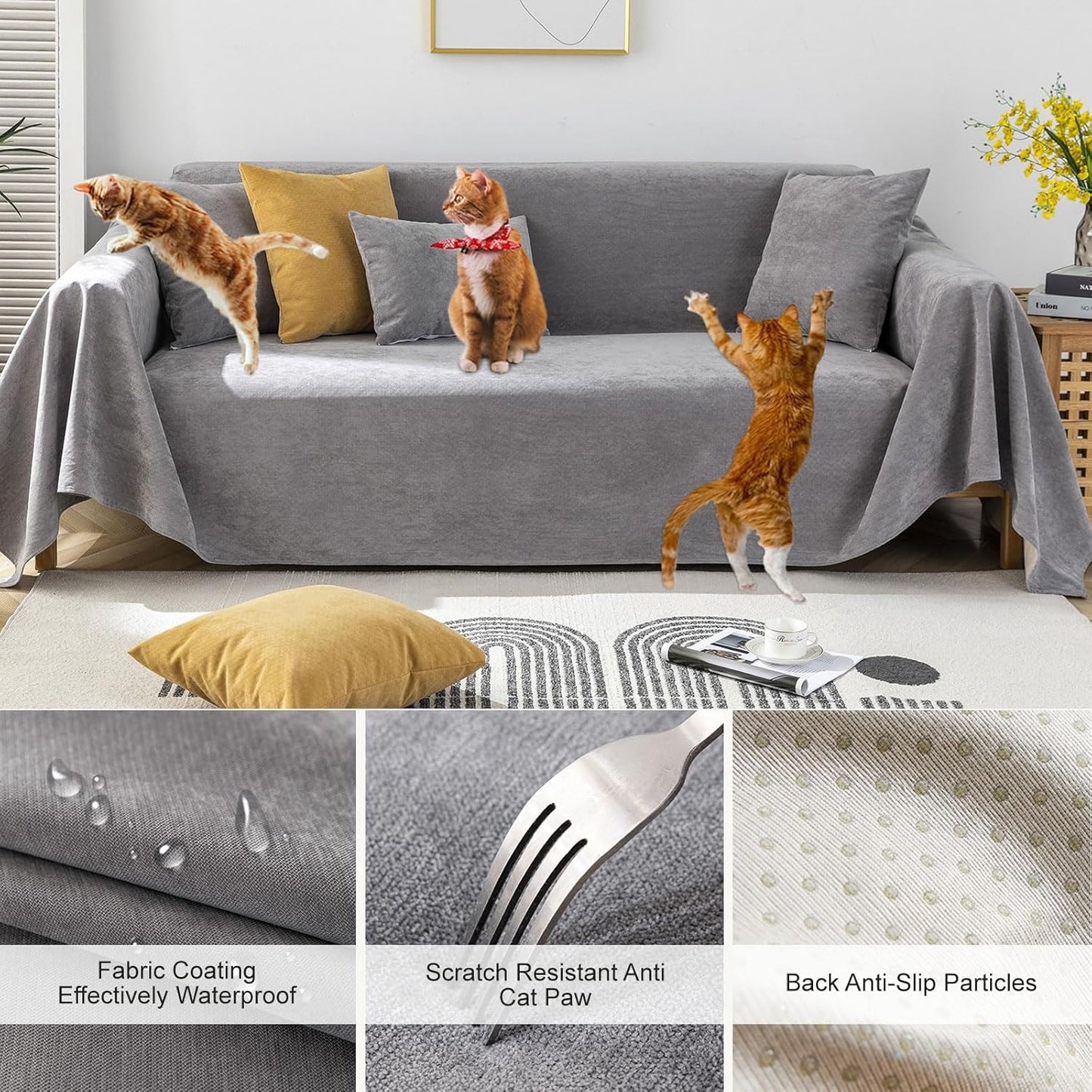 STACYPIK Waterproof Gray Sofa Cover for Pets, Anti-Scratch Cats Couch Cover for 2 Cushion Couch, Anti-Slip Loveseat Covers for Sectional, Washable Sofa Silpcover Pet Furniture Protector-71X118IN