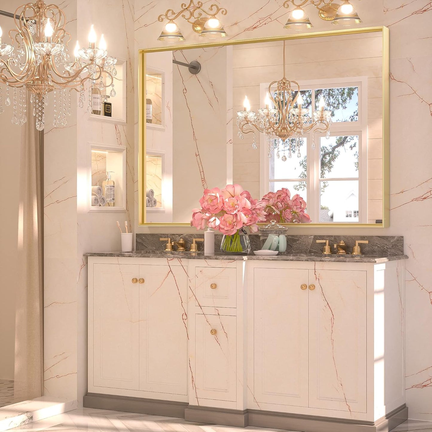 Keonjinn Gold Bathroom Mirror 40 x 30 Inch, Brushed Gold Mirror for Over Sink, Aluminum Alloy Framed, Square Corner, Modern Farmhouse, Large Rectangular Vanity Mirror for Wall(Horizontal/Vertical)