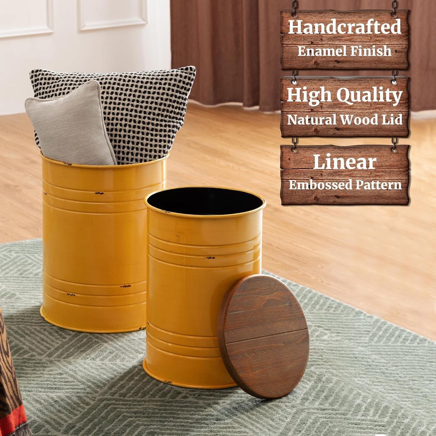 Glitzhome Farmhouse Accent Side Table, Metal Storage Stool Ottoman with Round Lid - Galvanized Coffee Cocktail End Tables Set of 2 for Living Room Bedroom, Yellow