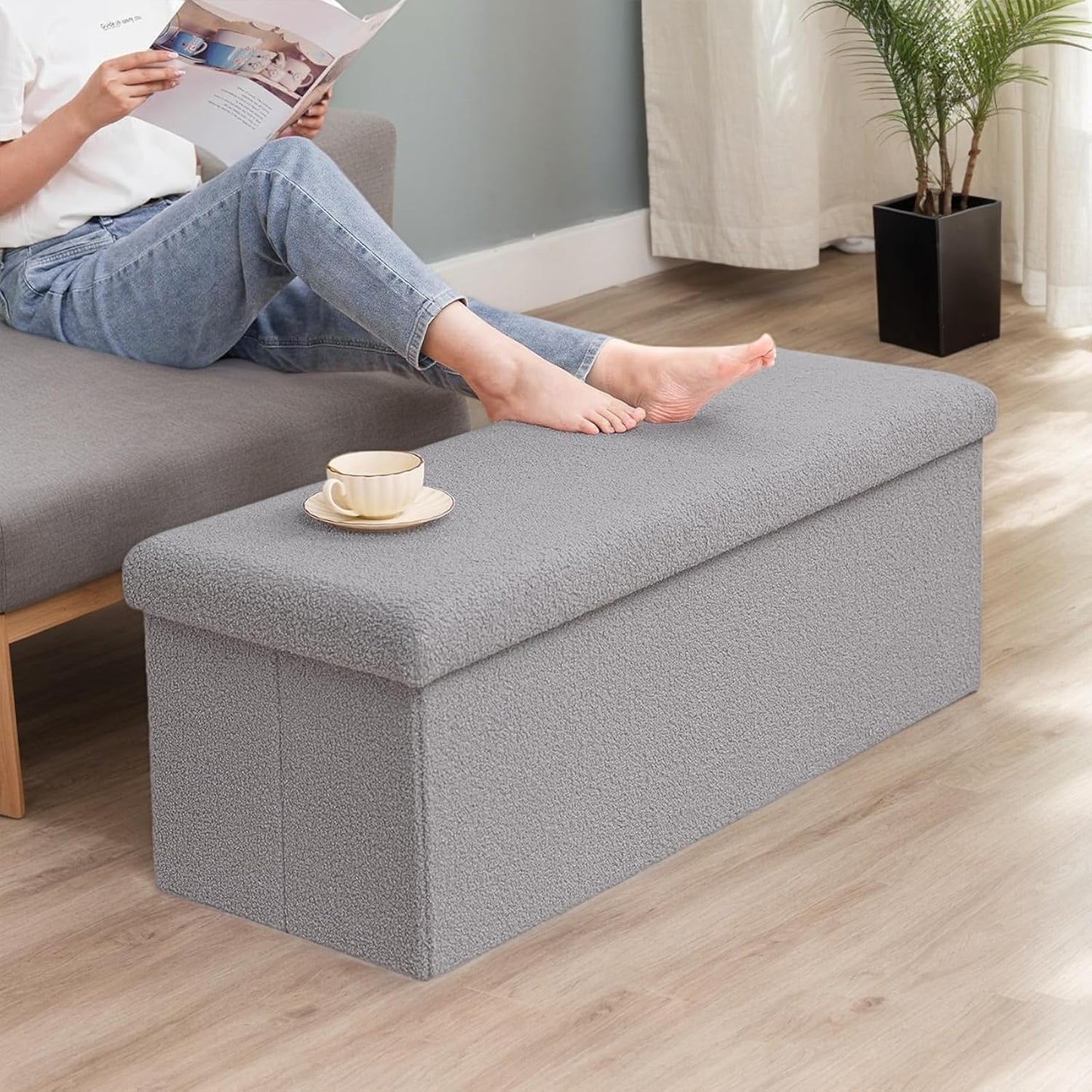 43 Inches Storage Ottoman Bench - Extra Large Foldable Ottoman with Storage, Bench for Living Room, Bedroom, Entryway - Grey