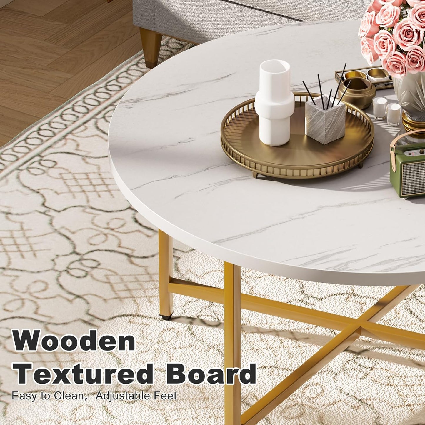 Round Coffee Table, 31.5" Circle Coffee Table, Coffee Tables Living Room, Gold Coffee Table Round for Indoor & Outdoor Use, Office, Patio or Garden, Large White & Gold (31.5" D x 17.7" H)