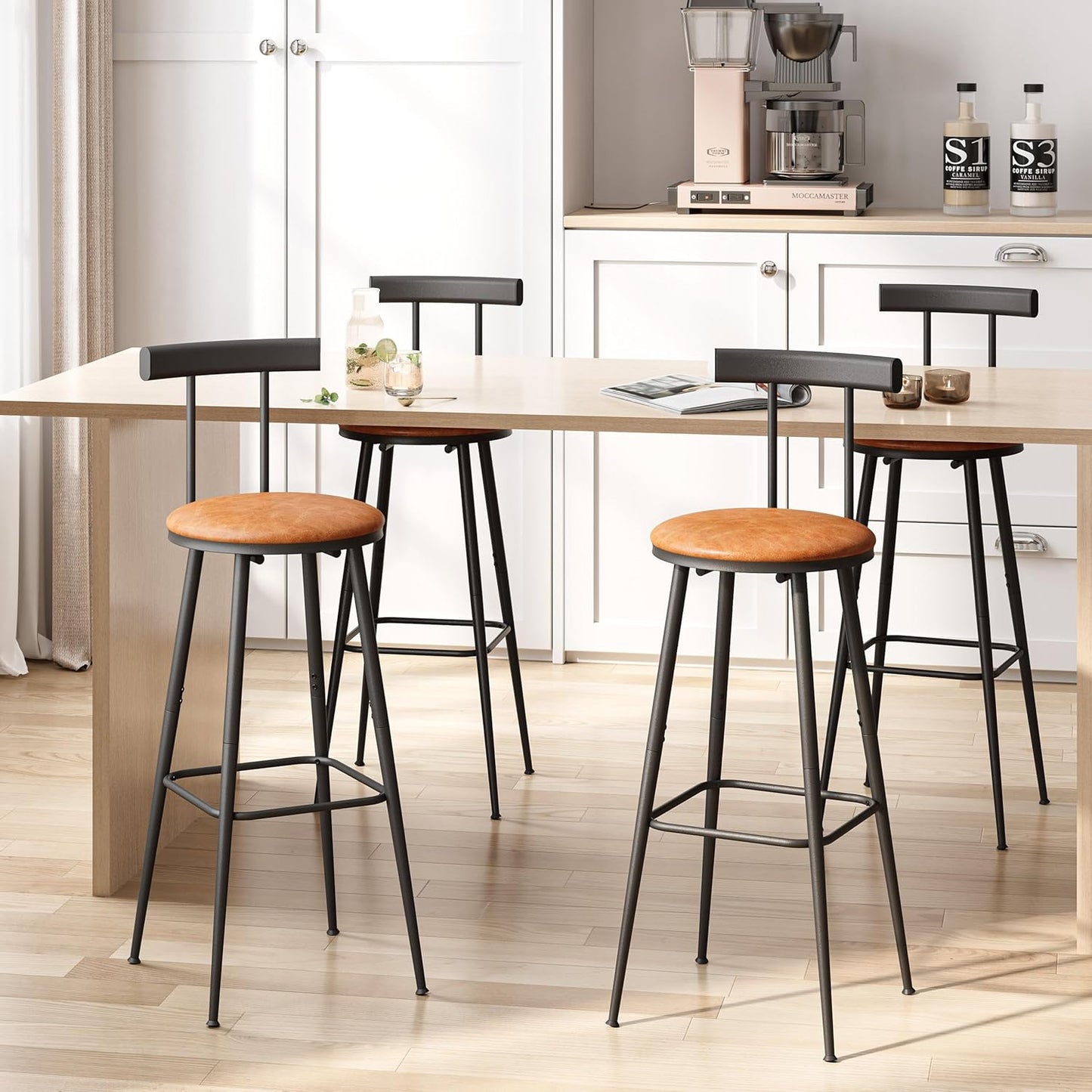 Bar Stools, Set of 2 High Kitchen Barstools, Bar Chairs with Backrest and Footrest, Industrial Counter Stools with PU Soft seat, for Kitchen, Living Room, Pub, Rustic Brown BS-013RB