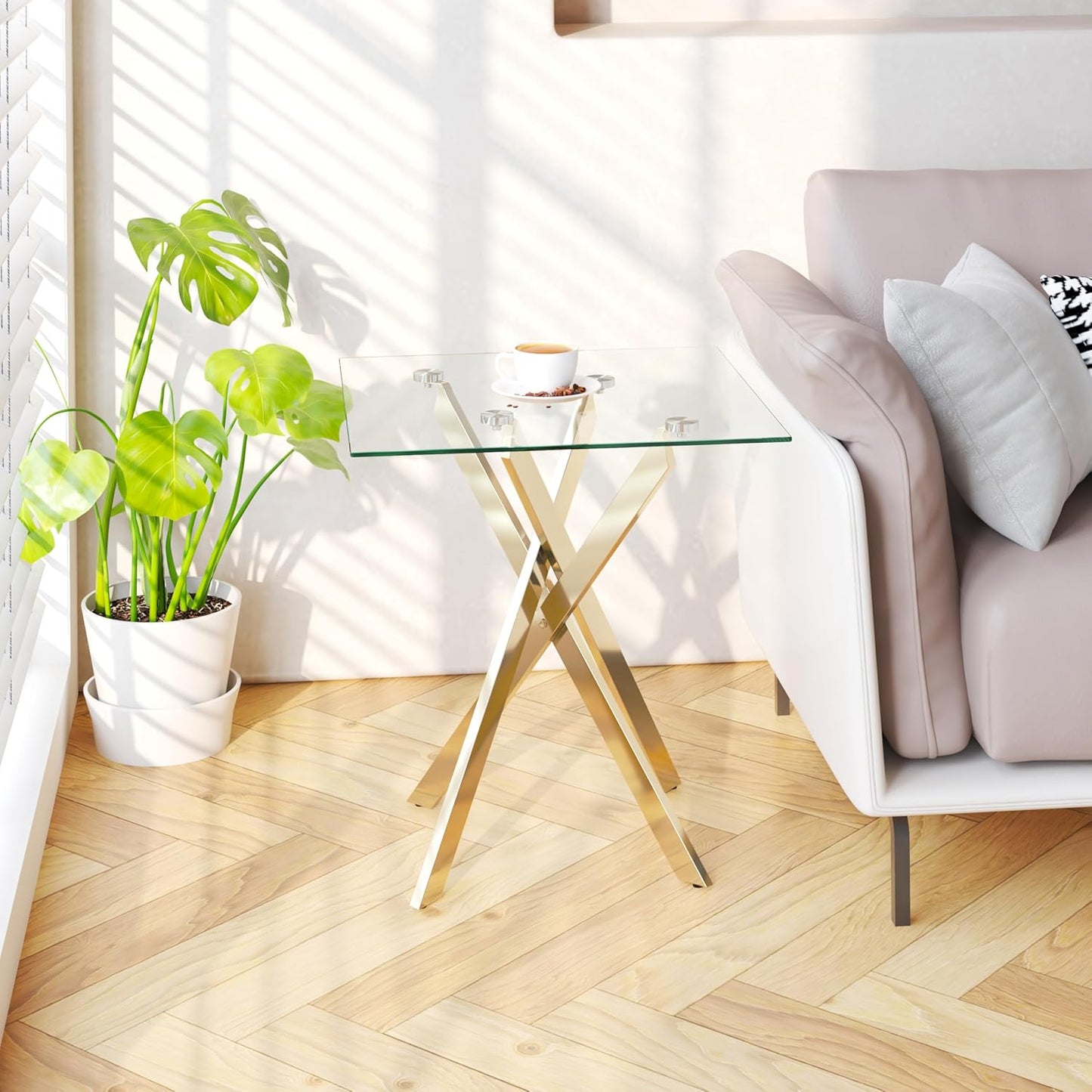 Side Table Set of 2, Modern End Table Set with Tempered Glass Top and Metal Legs for Home Office (Gold)