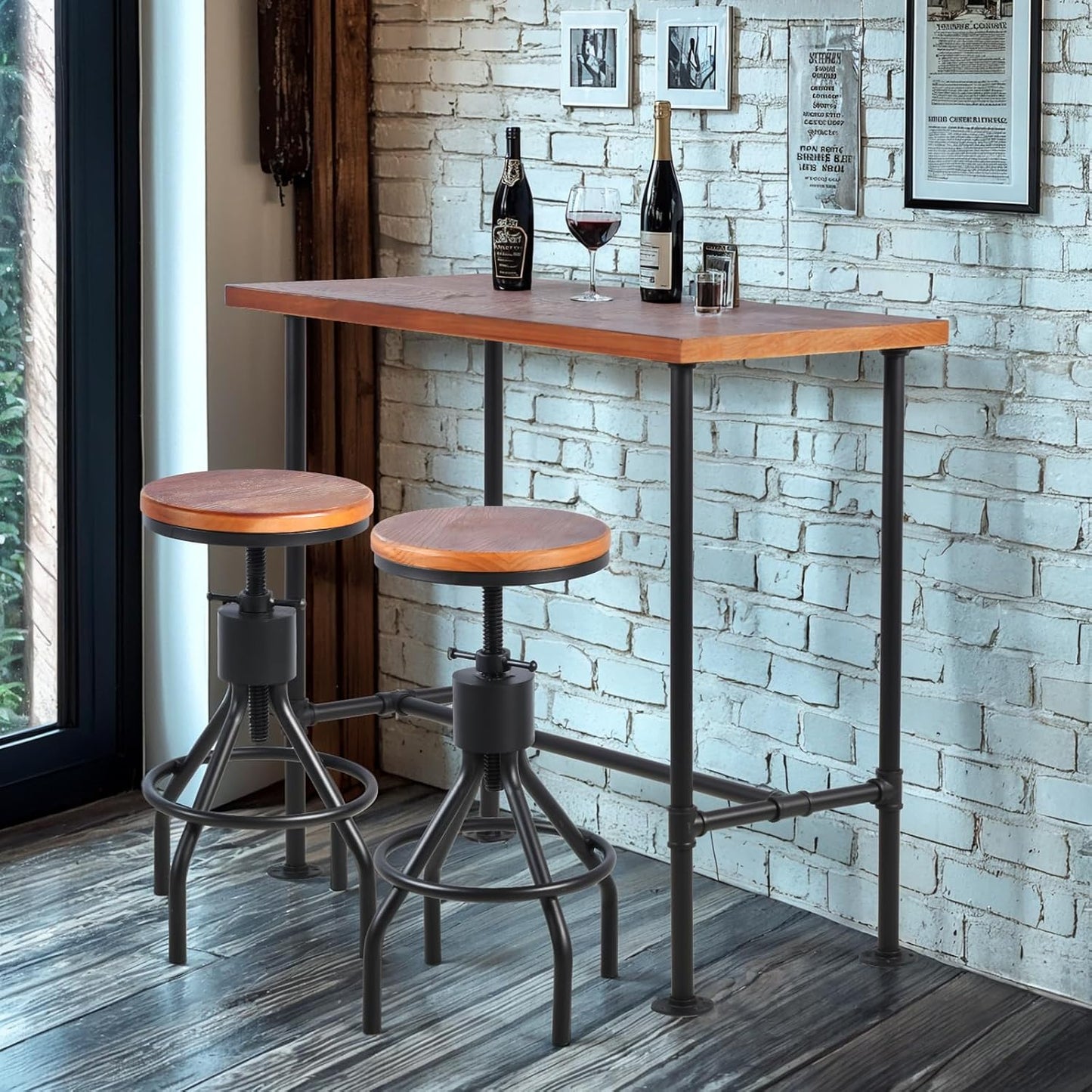 Industrial 41.3inch Height Bar Table Vintage Pipe Design Bistro Table Rustic Kitchen Dining Breakfast Desk Farmhouse Office Computer Desk Wooden Top Pub Coffee Table