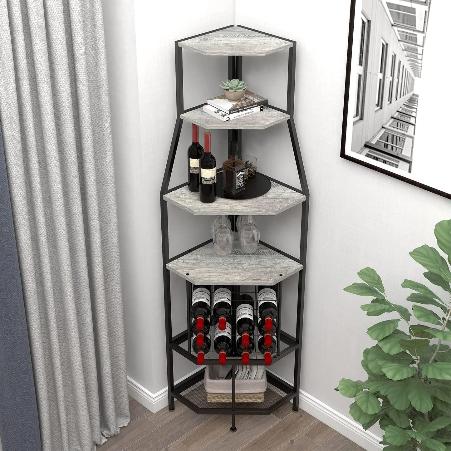 5-Tier Corner Wine Rack Floorstanding with Glass Holder and Bottles Wine Storage Home Bar Furniture for Home Kitchen Dining Room Industrial Metal and Wooden Corner Shelf
