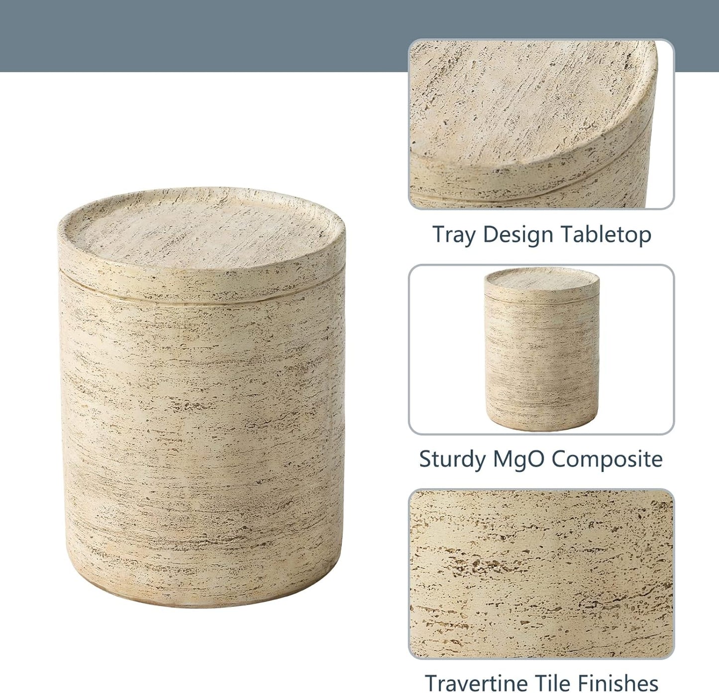 COSIEST 2 Pieces Outdoor Side Table, Set of 2 Cylinder Shaped MgO Patio End Table, Lightweight Accent Table with Tray Top, Round Plant Stand for Garden and Deck, Beige