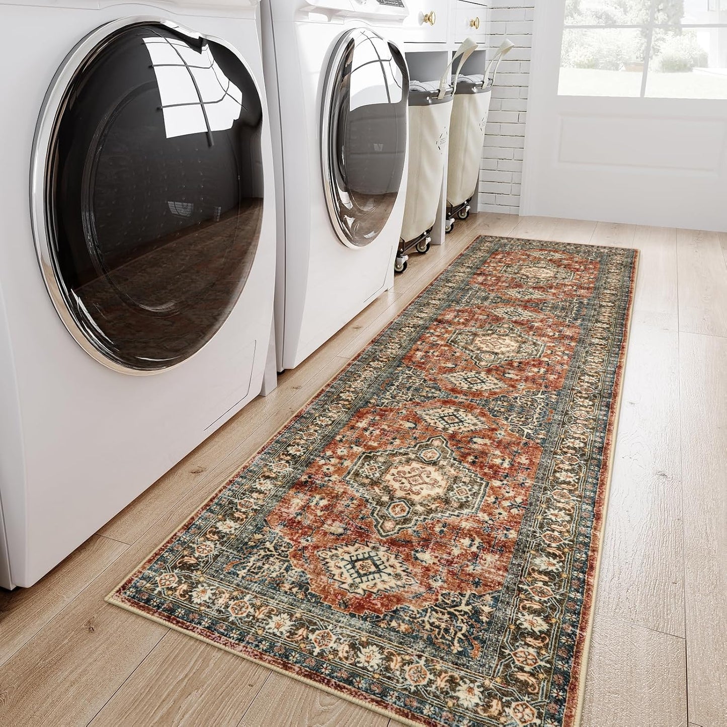 Lahome Oriental Washable Runner Rug Non Slip, 2x7 Rug Runners for Hallways Kitchen, Ultra-Thin Hallway Rugs for Laundry Room Bathroom Bedroom, Brick Red