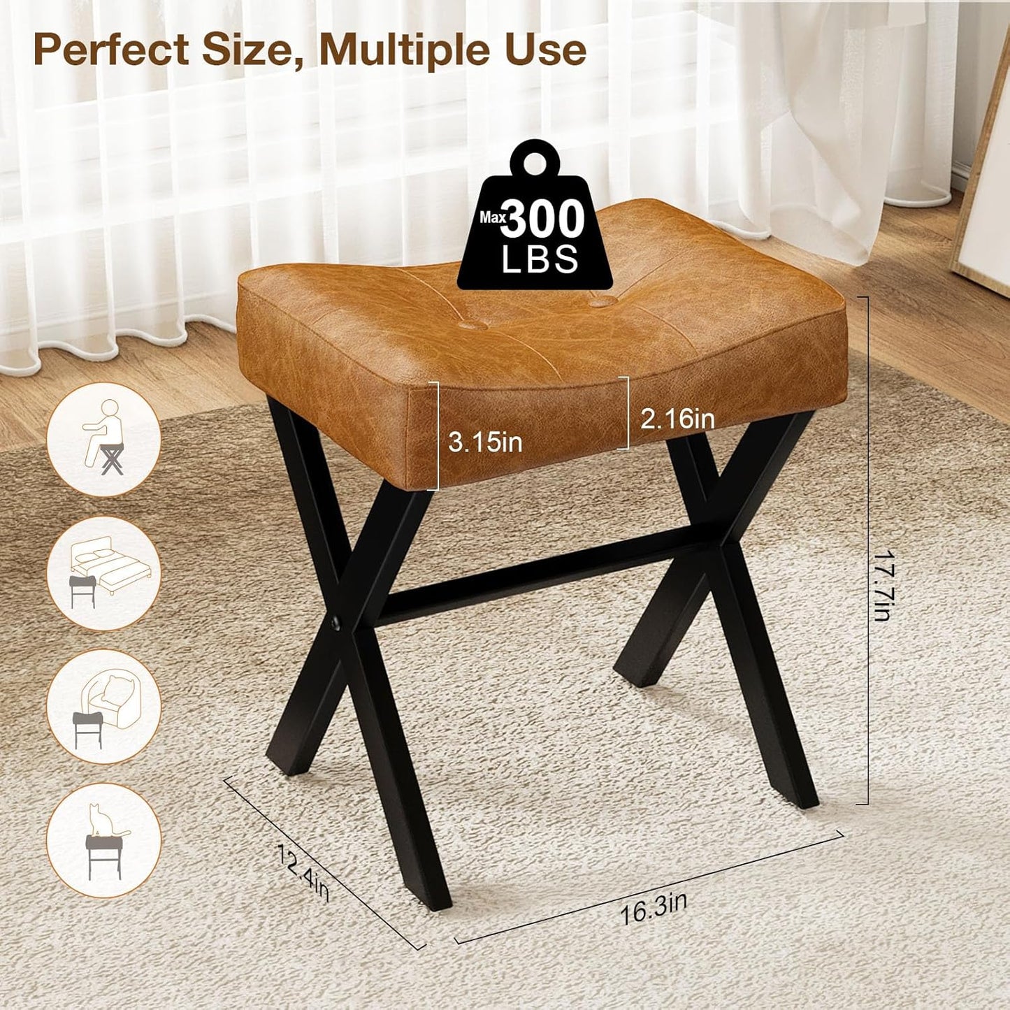 18-Inch Leather Vanity Stool Chair, Vanity Bench with Metal X-Leg, Ottoman Foot Stool with Thick Padded Saddle Seat, Brown