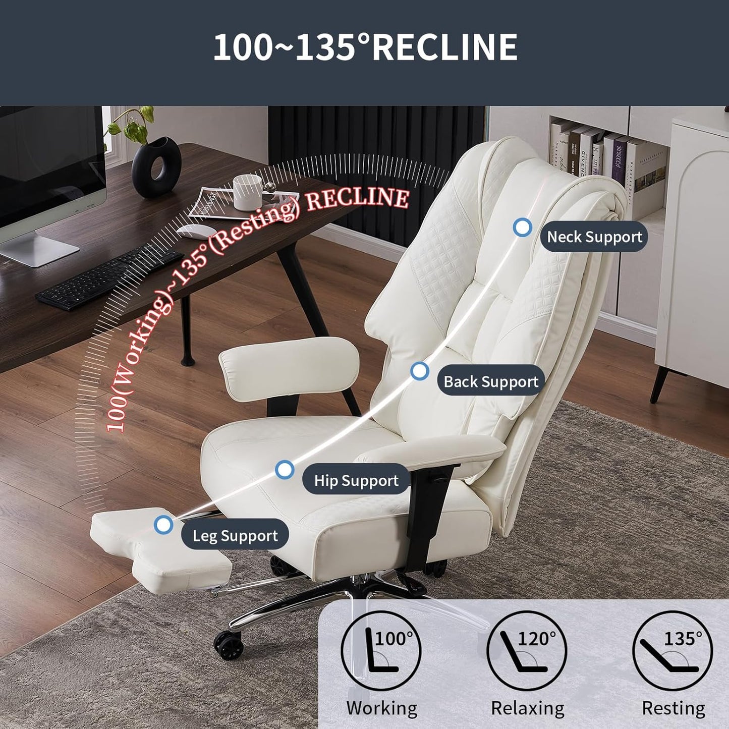 Big and Tall Office Chair 400lbs Wide Seat, Leather High Back Executive Office Chairs with Foot Rest, Ergonomic Lumbar Support for Lower Back Pain Relief (White)