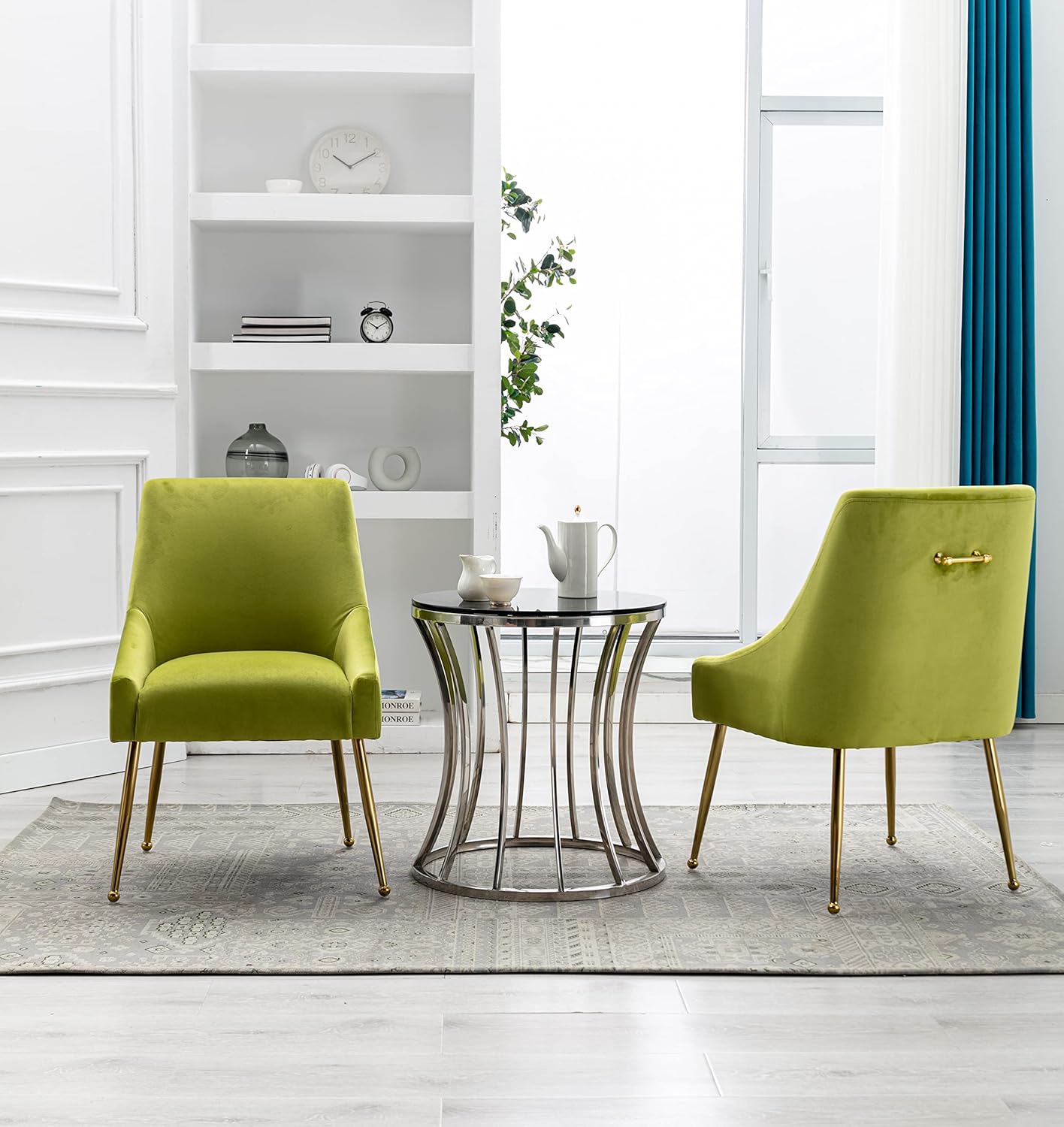 Velvet Dining Chairs, Furniture Collection Modern Contemporary Upholstered with Polished Gold Metal Legs, Set of 4(Yellow Green)