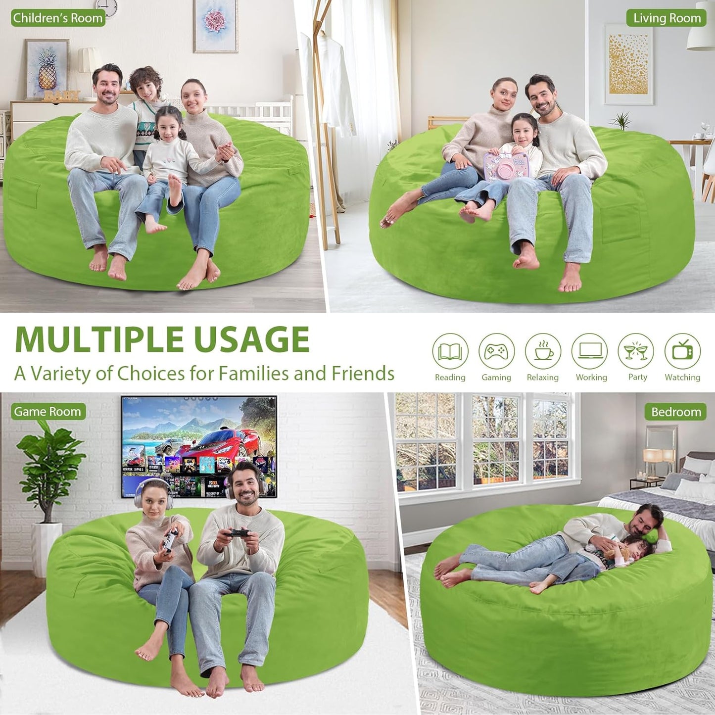 6FT Bean Bag Chair, Large Bean Bag Chairs with Memory Foam Filled, Fluffy Beanbag Sofa with Dutch Velvet Cover, Round BeanBag Chairs for Living Room, Playroom - Lime