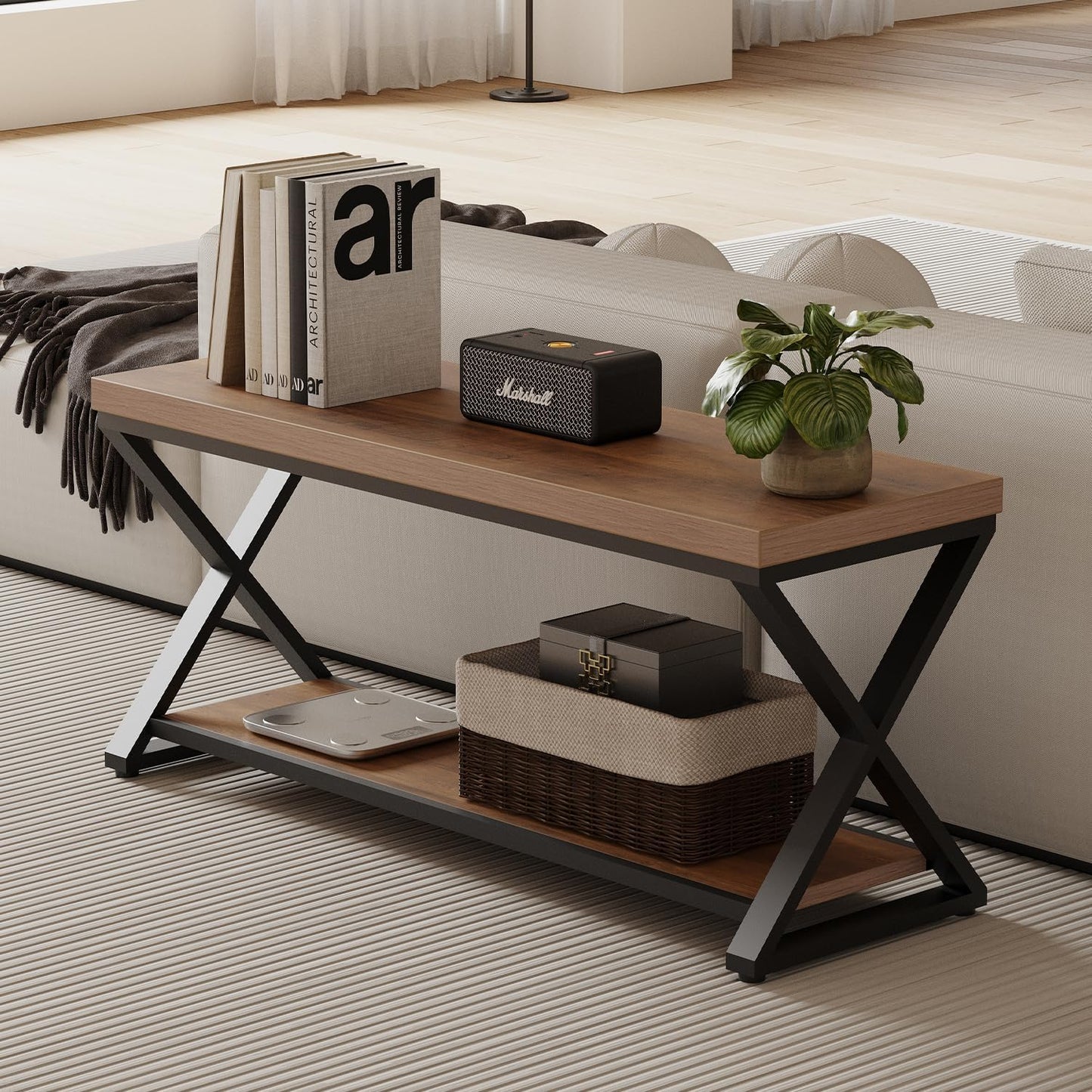 IBF Wood Bench Indoor, Industrial entryway Bench with Shoe Storage for Living Dining Room, Farmhouse Wooden Metal Entry Way Foyer Benches Seat for Bedroom Entryway, Rustic Oak, 39 Inch Long