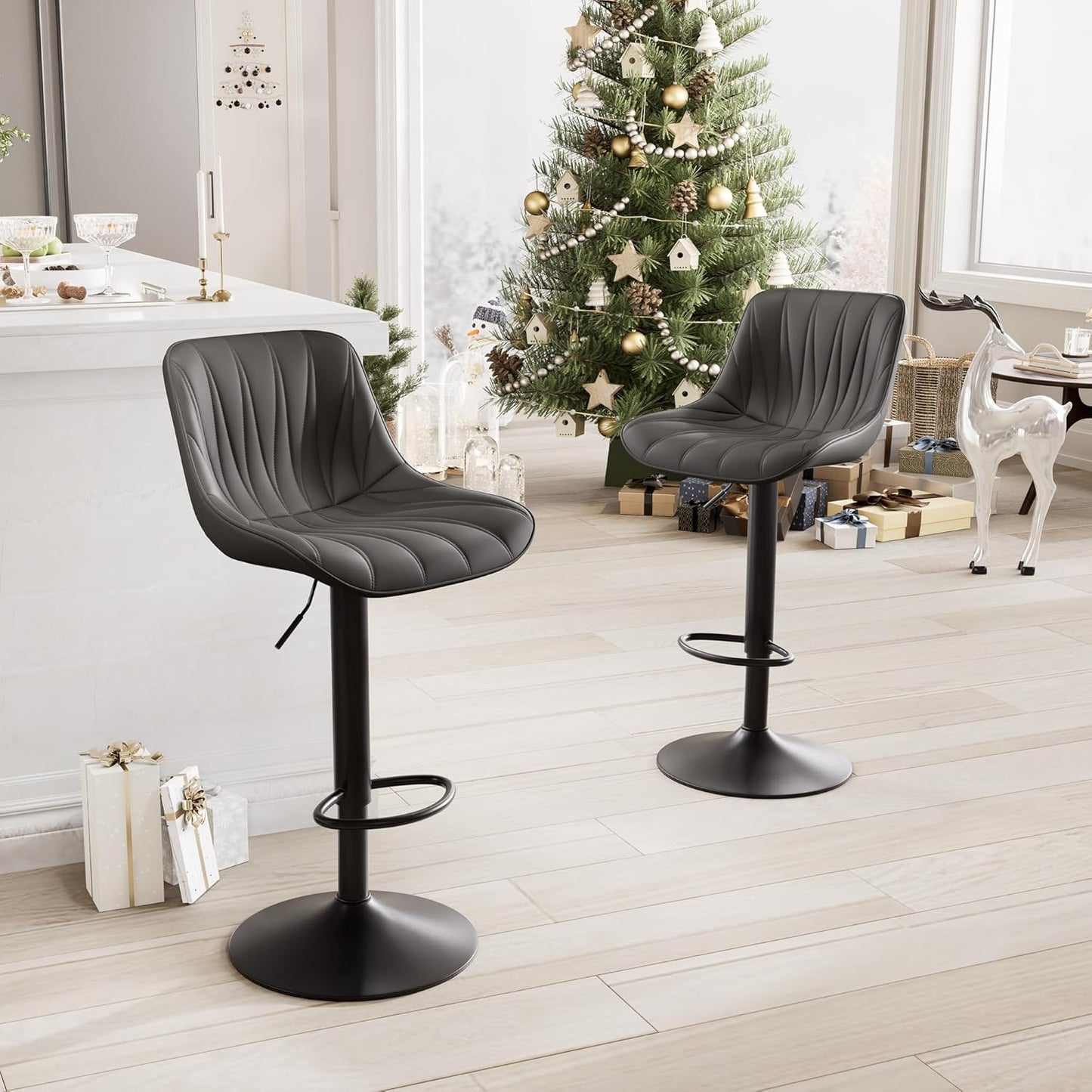 YOUNIKE Bar Stools Set of 2 for Kitchen Island, Black Swivel Tall Bar Stools, Adjustable Barstools with Back, Faux Leather Padded Stools, Modern Counter Height Bar Chairs with 300LBS Support