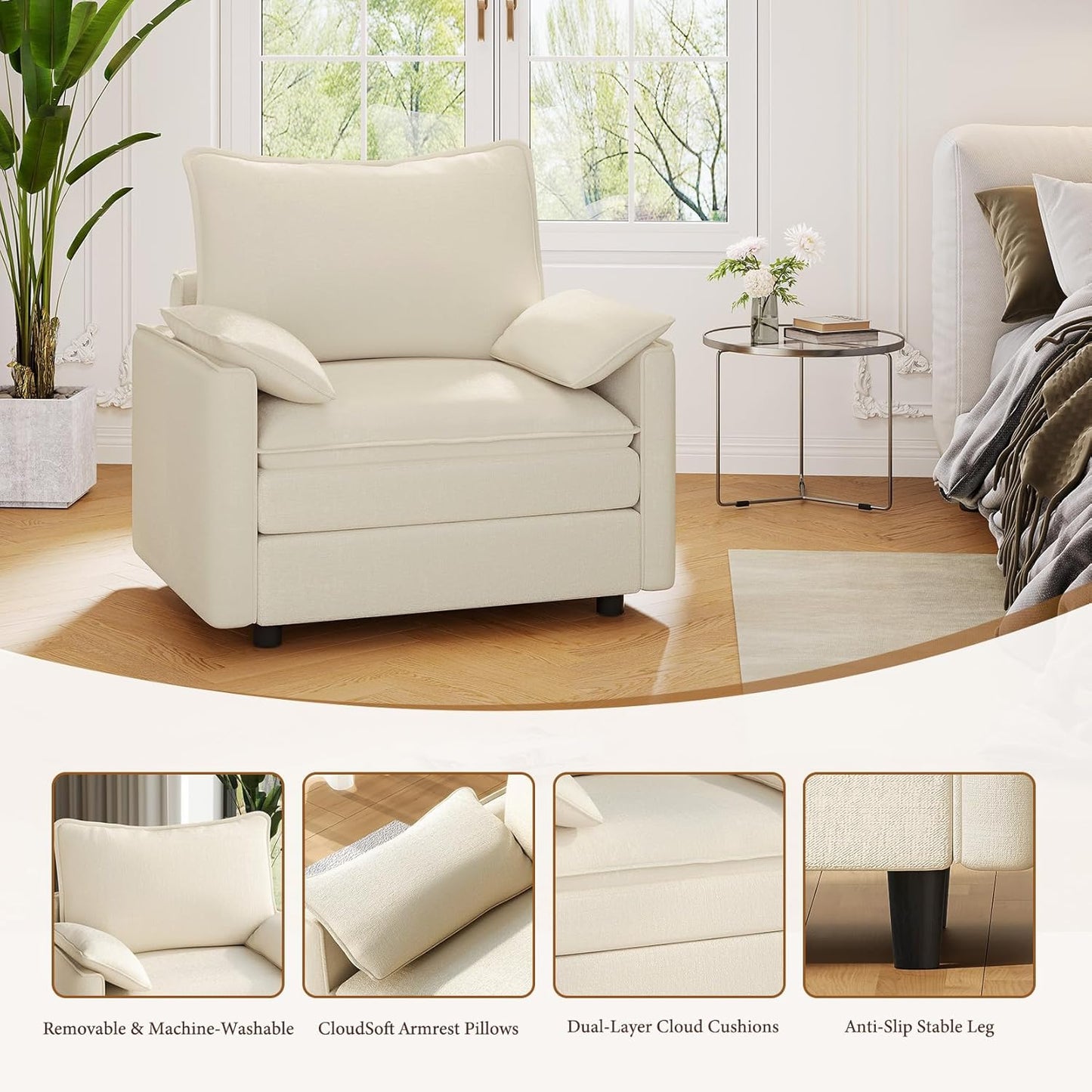 Vesgantti 40" Single Seat Sofa, Comfy Cloud Couch Deep Seat Upholstered Couch Chenille Modern Sofa with Armrest Pillow, Easy Assembly for Living Room, Bedroom and Apartment, Beige