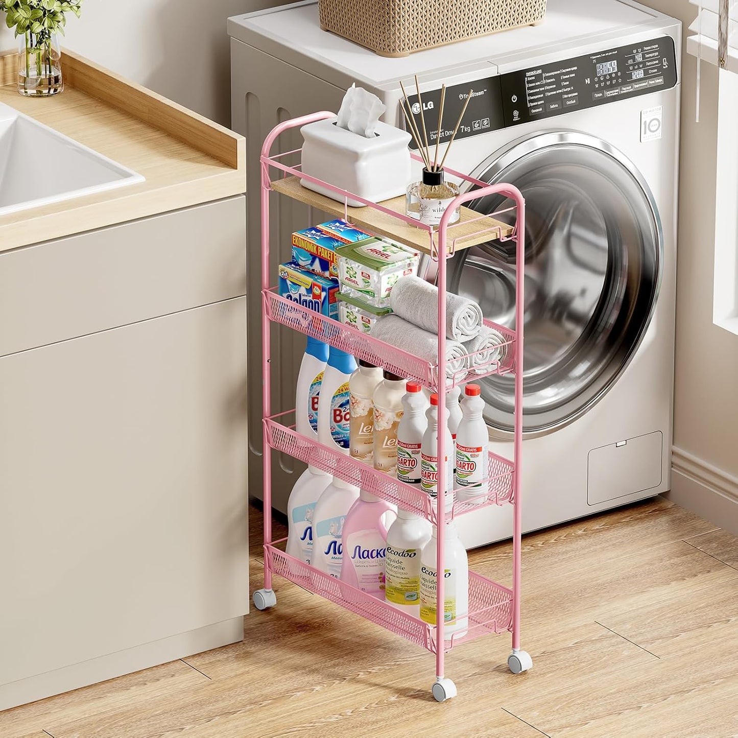 KINGRACK Metal Slim Rolling Cart,4-Tier Metal Utility Cart,Storage Cart with Wooden Tabletop, for Narrow Space on Laundry Bathroom Kitchen Room Bedroom Apartments Dormitory (Pure Pink, Slim)