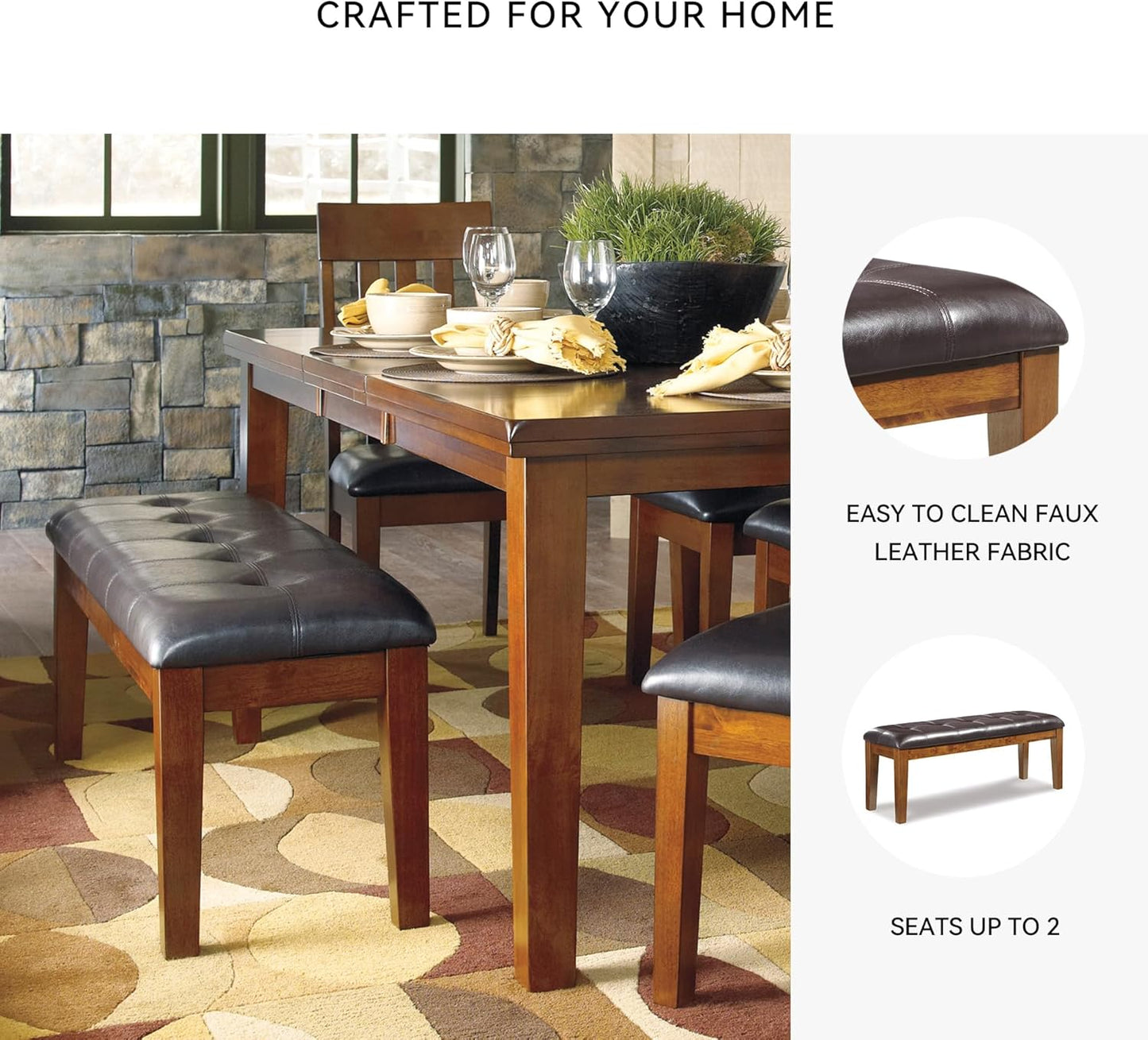 Signature Design by Ashley Ralene Tufted Upholstered Dining Room Bench, Medium Brown