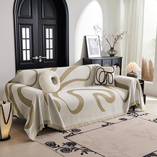 MYSKY HOME Couch Cover for 3 Cushion Sofa, Super Soft Boho Couch Covers for Dogs Washable, Jacquard Slipcover Furniture Protector for Living Room, 91" x 118", Khaki Curve