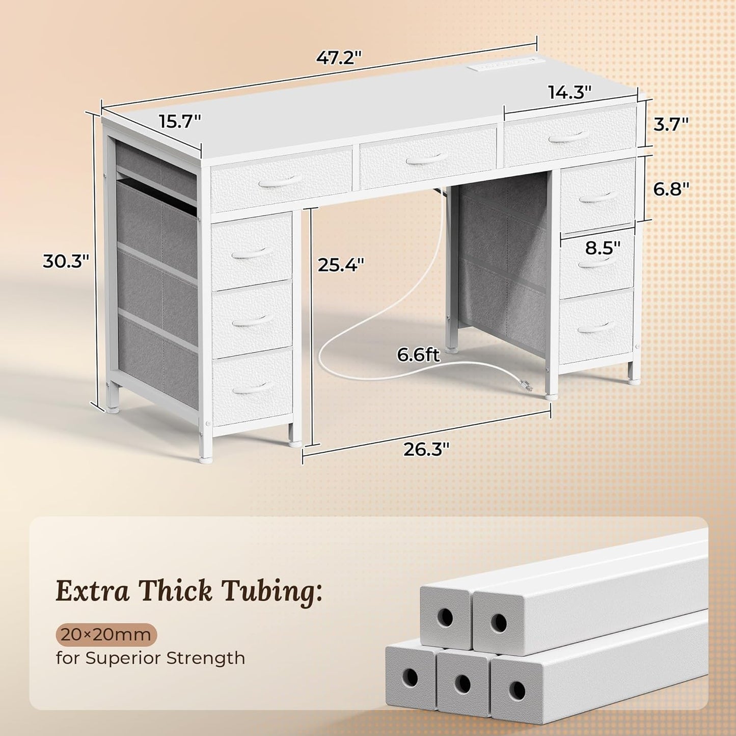PRAISUN 47 Inch Office Desk with Outlets, Computer Desk with 9 Fabric Drawers, Writing Gaming Work Study Desk for Bedroom, Living Room, Home Office, Large Storage, White
