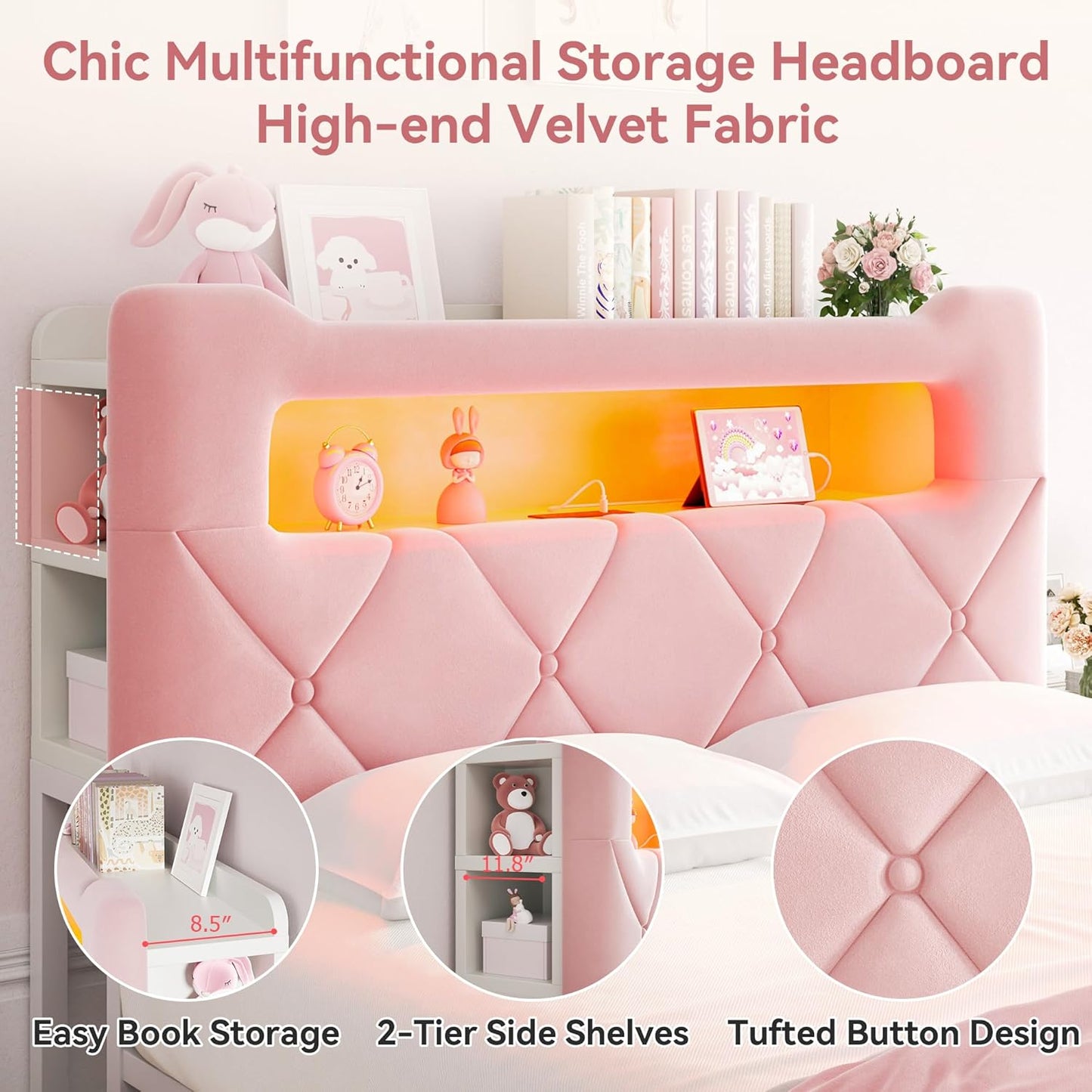 Queen Upholstered LED Bed Frame with 2 Storage Drawers and 2-Tier Storage Headboard,Velvet Princess Platform Bed with Charging Station & Bookcase,Heavy Duty Metal Support,No Box Spring Needed,Pink