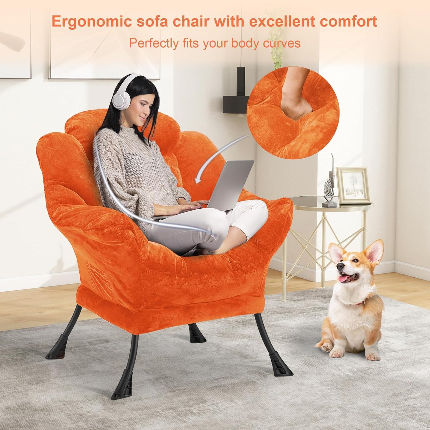 Fabric Lazy Chair for Adults, Oversized Upholstered Sofa Chair, Plush Comfy Lounge Chair with Large Side Storage Pocket, Thick Padded Reading Chair for Living Room, Bedroom, Office, Orange