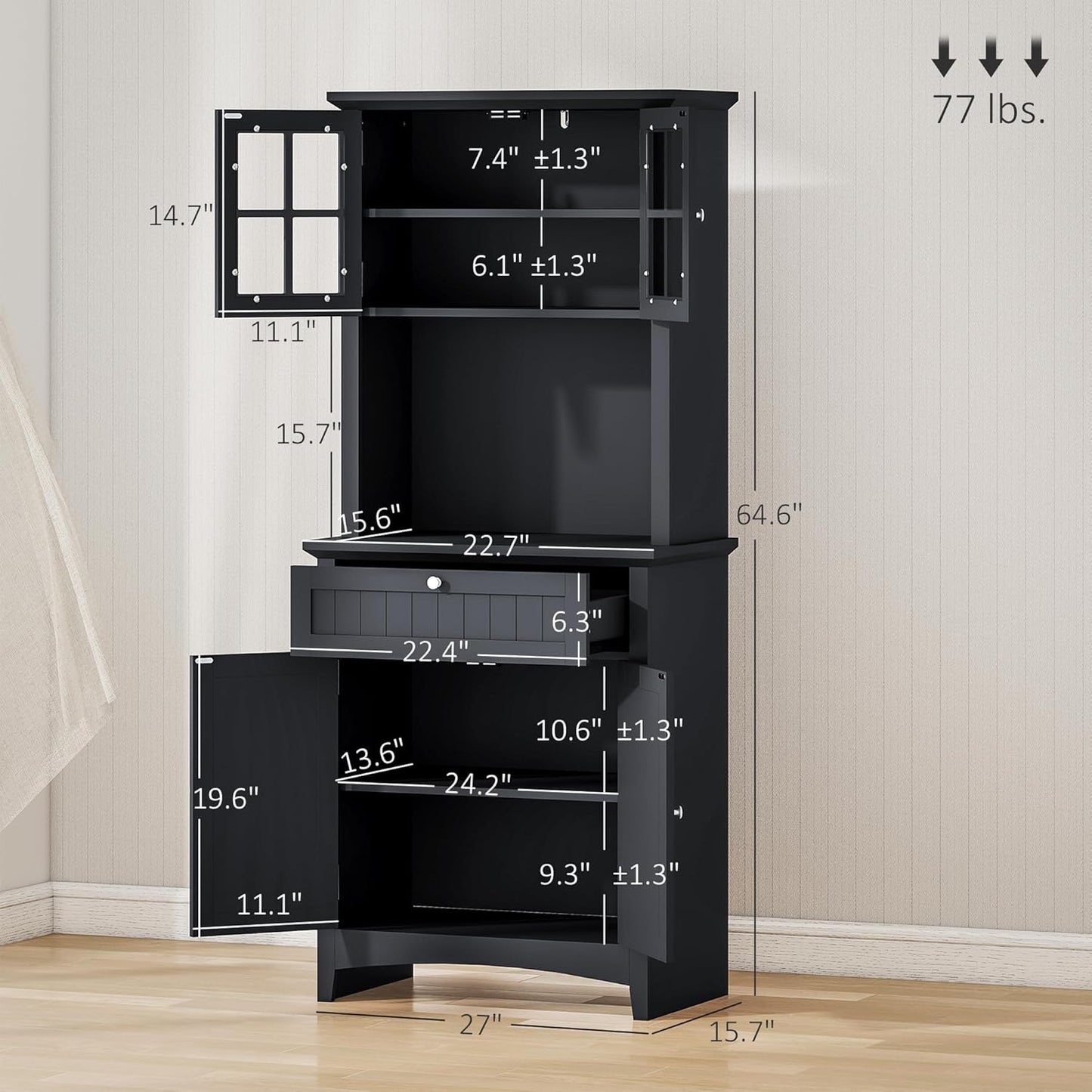 HOMCOM Elegant Buffet with Hutch, Kitchen Pantry Storage Cabinet with Framed Glass Door Drawer and Microwave Space, Black