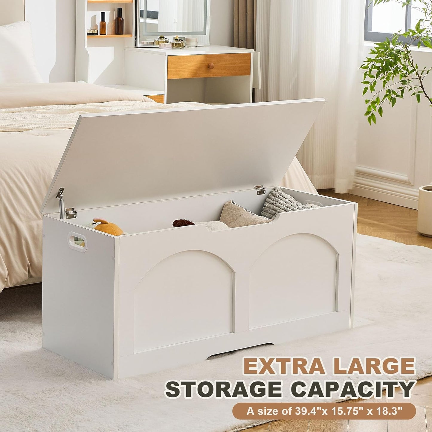 39.4" Storage Chest, Wooden Storage Bench Trunk, Upgraded Safety Lift Support Hinge, Large Entryway Bench Box, Supports 330 lb U-Shaped Opening for Entryway, Hallway, Living Room, White