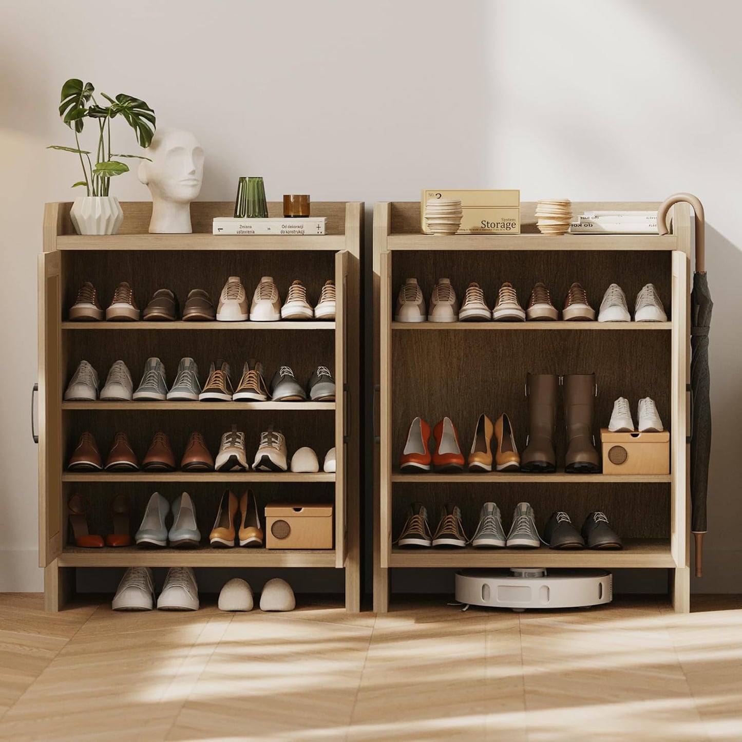 Shoe Cabinet Storage for Entryway, Rattan Storage Cabinet, Wooden Shoe Rack with Doors, Farmhouse Boho Wood Shoe Organizer Cabinet for Hallway (Oak)