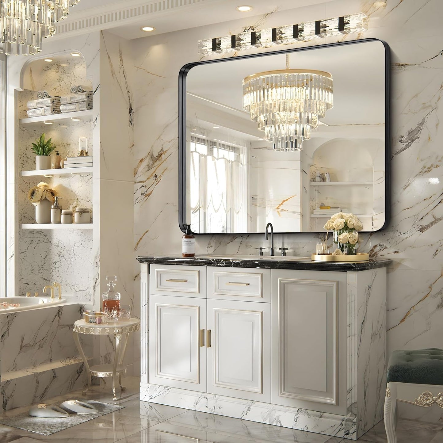 FORBATH 48x40 Inch Bathroom Mirror, Brushed Black Deep Frame Wall Mirror with Rounded Corners, Anti-Rust Tempered Glass for Modern Farmhouse Vanity (Horizontal/Vertical)