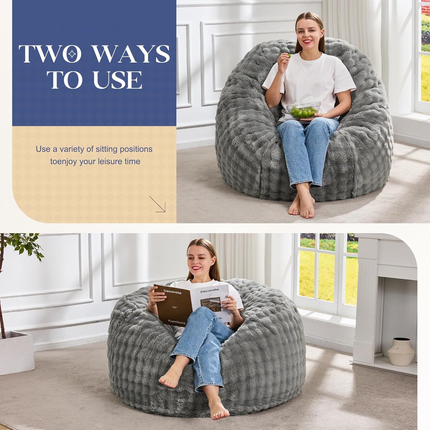 Hobestluk Bean Bag Chairs 3ft Beanbag Chair with Filler Adult Bean Bags with Fluffy & Machine Washable Cover, Giant Bean Bag Chairs for Adults (Grey, 3FT-36" x 36" x 22")