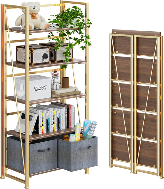 4NM No Assembly Folding Bookshelf, 5-Shelf 62.2" H Collapsible Foldable Bookcase Storage for Small Spaces, Brown and Golden
