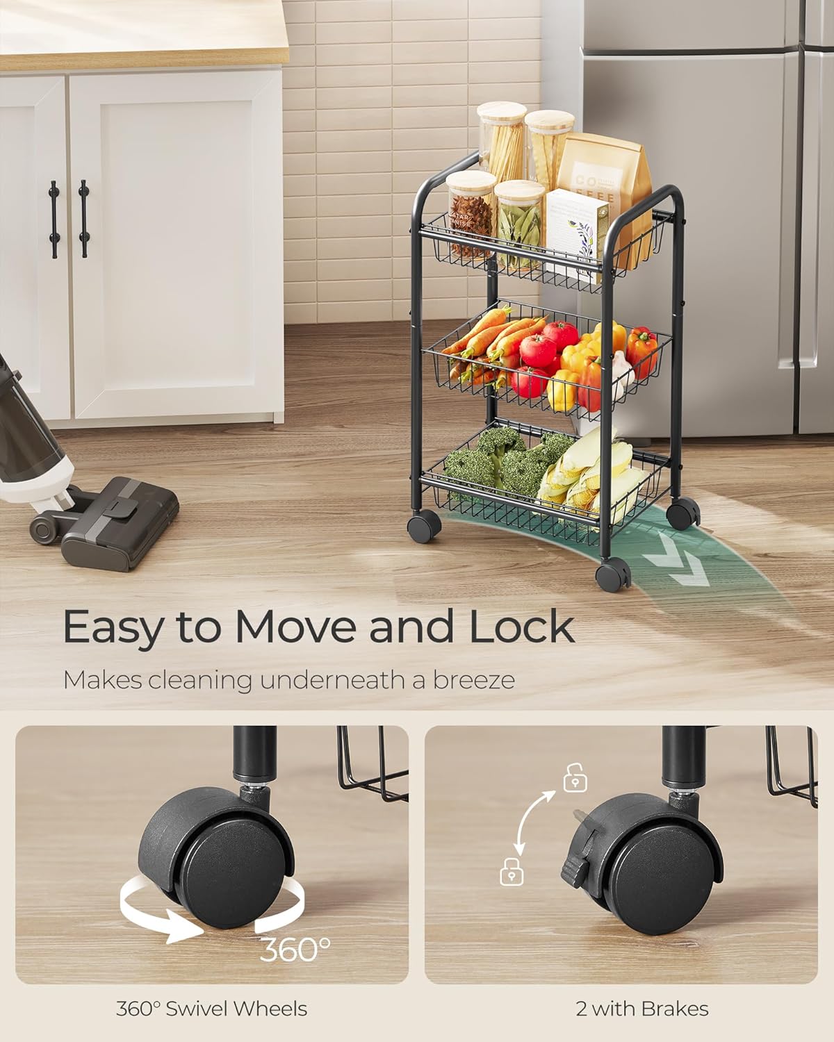 SONGMICS 3-Tier Metal Rolling Cart on Wheels with Baskets, Lockable Utility Trolley with Handles for Kitchen Bathroom Closet, Storage with Removable Shelves, Black UBSC03BK