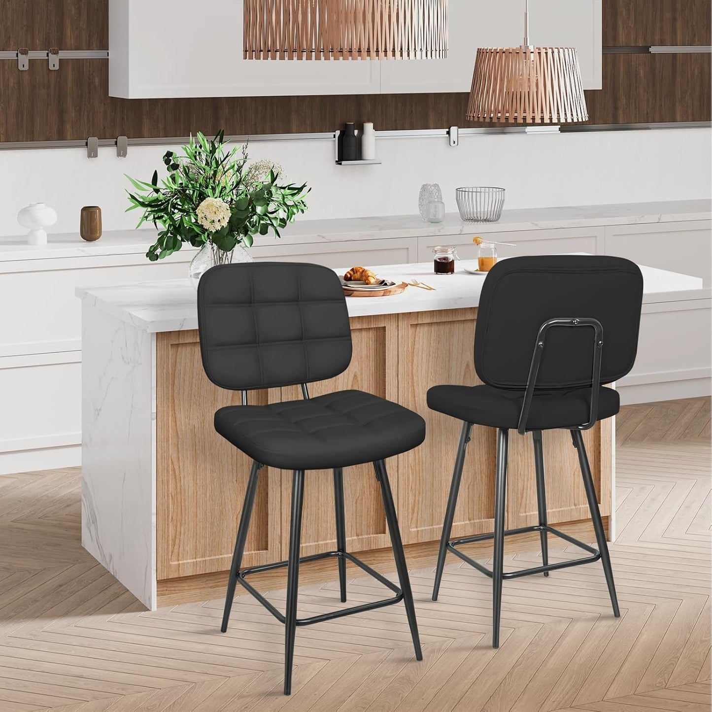 Bar Stools Set of 2, 24 Inch Upholstered Metal Barstool with Back and Footrest, Bar Chair with Metal Base for Dining Room Counter Island, Black