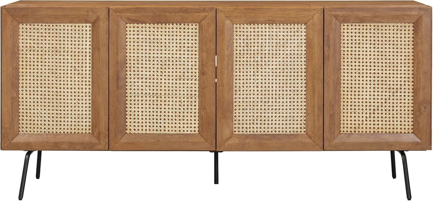 NTC MOSSIC Modern Sideboard with 4 Doors, Natural Rattan Storage Cabinet, Buffet with Metal Legs, Boho Accent Cabinet for Living Room, and Entryway, Effortless Assembly, Teak Look