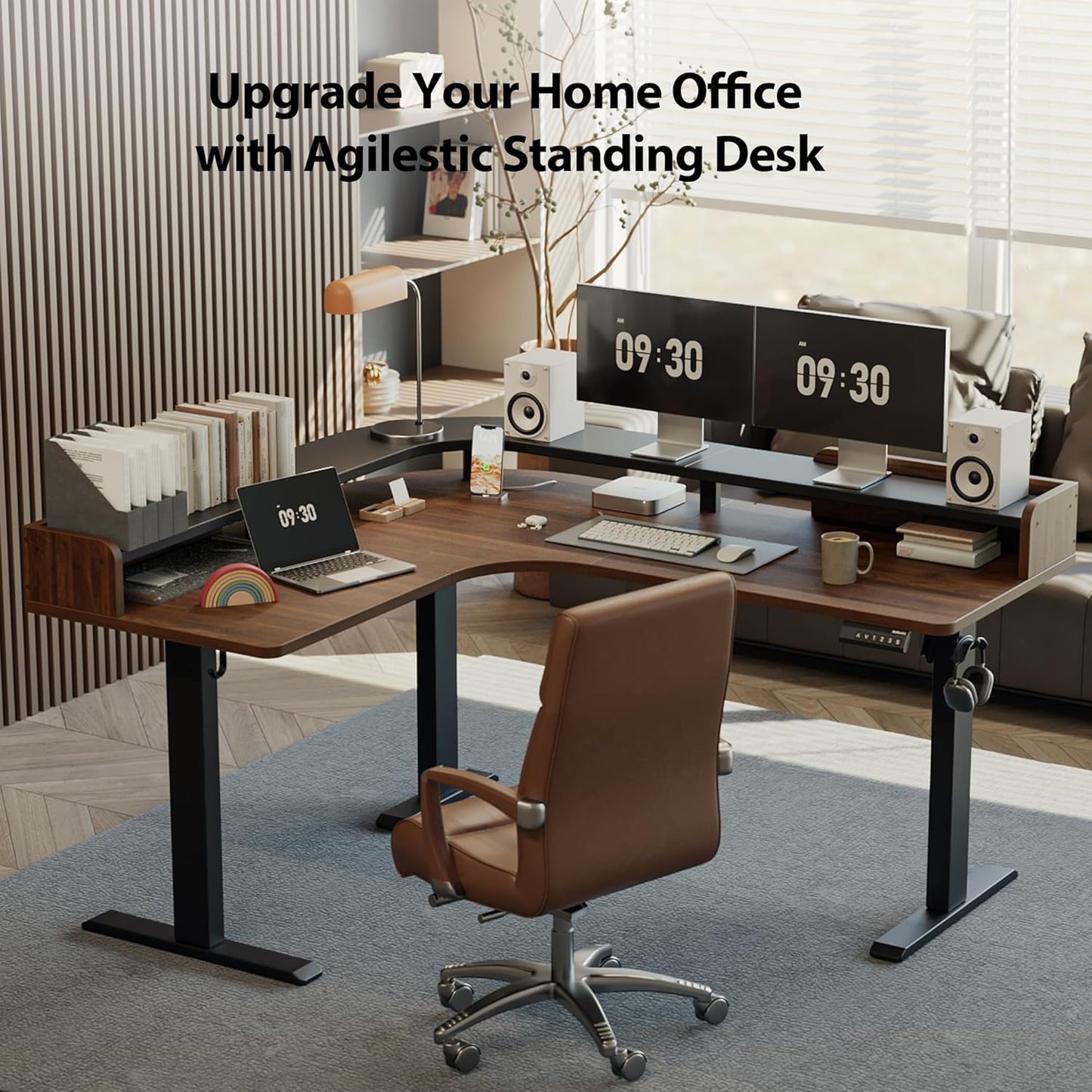 Agilestic L Shaped Standing Desk, Corner Desk with Monitor Shelf, Adjustable Height Gaming Table, Sit Stand Up Table, 63 x 55 Inch Home Office Computer Workstation, Splice Board, Dark Walnut