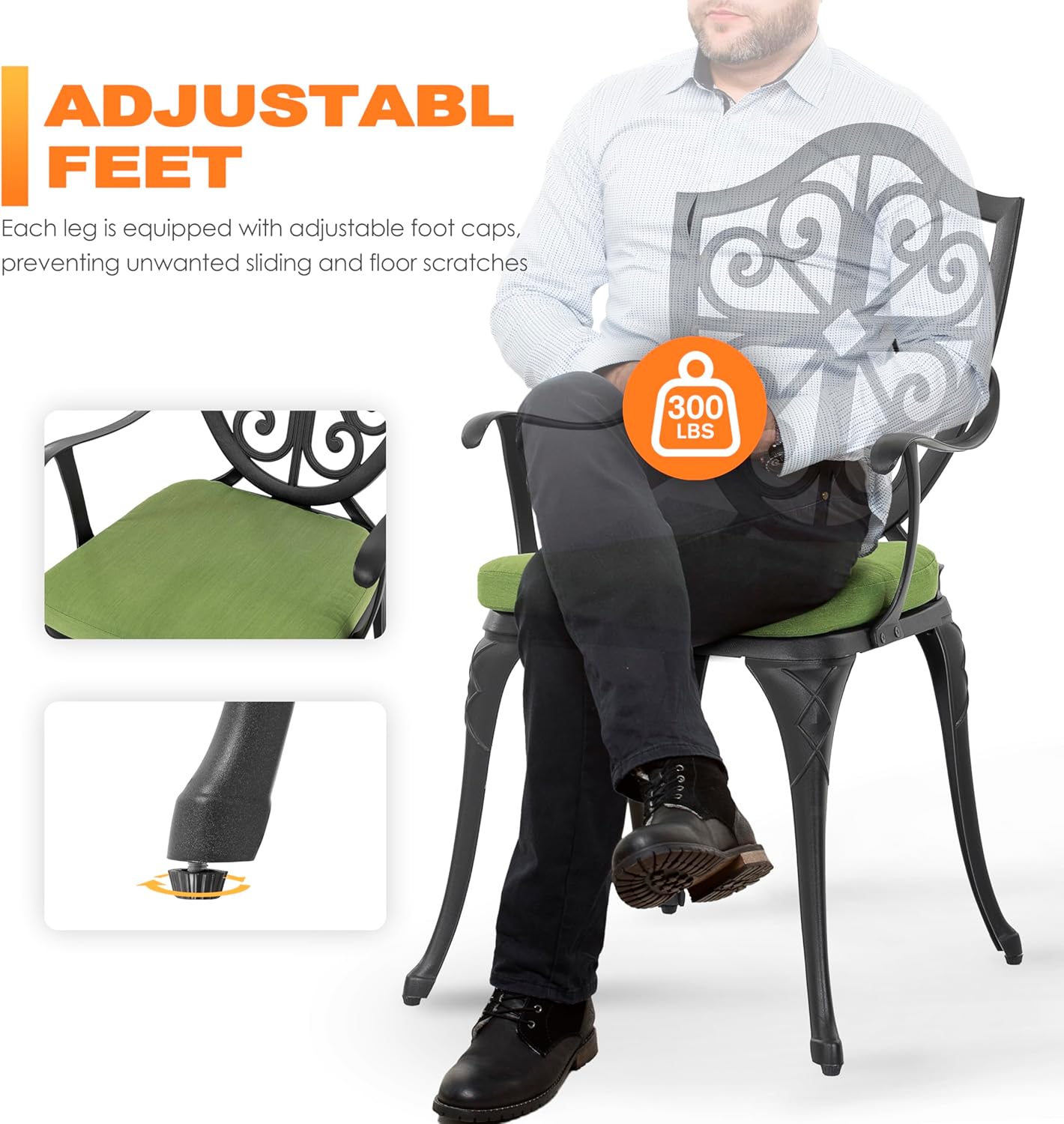 NUU GARDEN 3 Piece Outdoor Bistro Set Cast Aluminum Patio Set Bistro Table Set Rustproof Patio Table and Chairs with Umbrella Hole and Green Cushions for Backyard, Balcony, Porch, Black