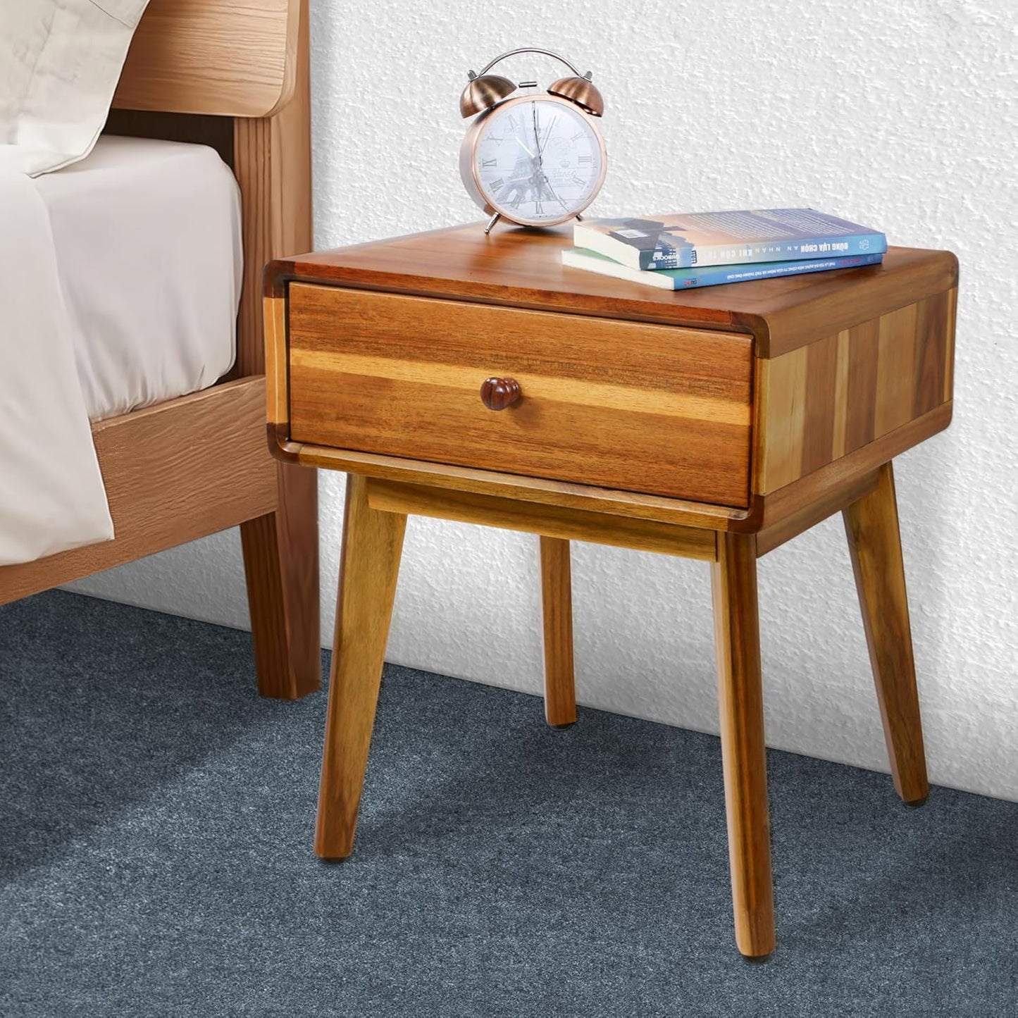 ENKEZI Small Mid Century Acacia Night Stand with Drawer Dresser, Handcrafted Small Nightstand, Space-Saving Bedroom Side Tables with Acrylic Coating, No Visible Nails