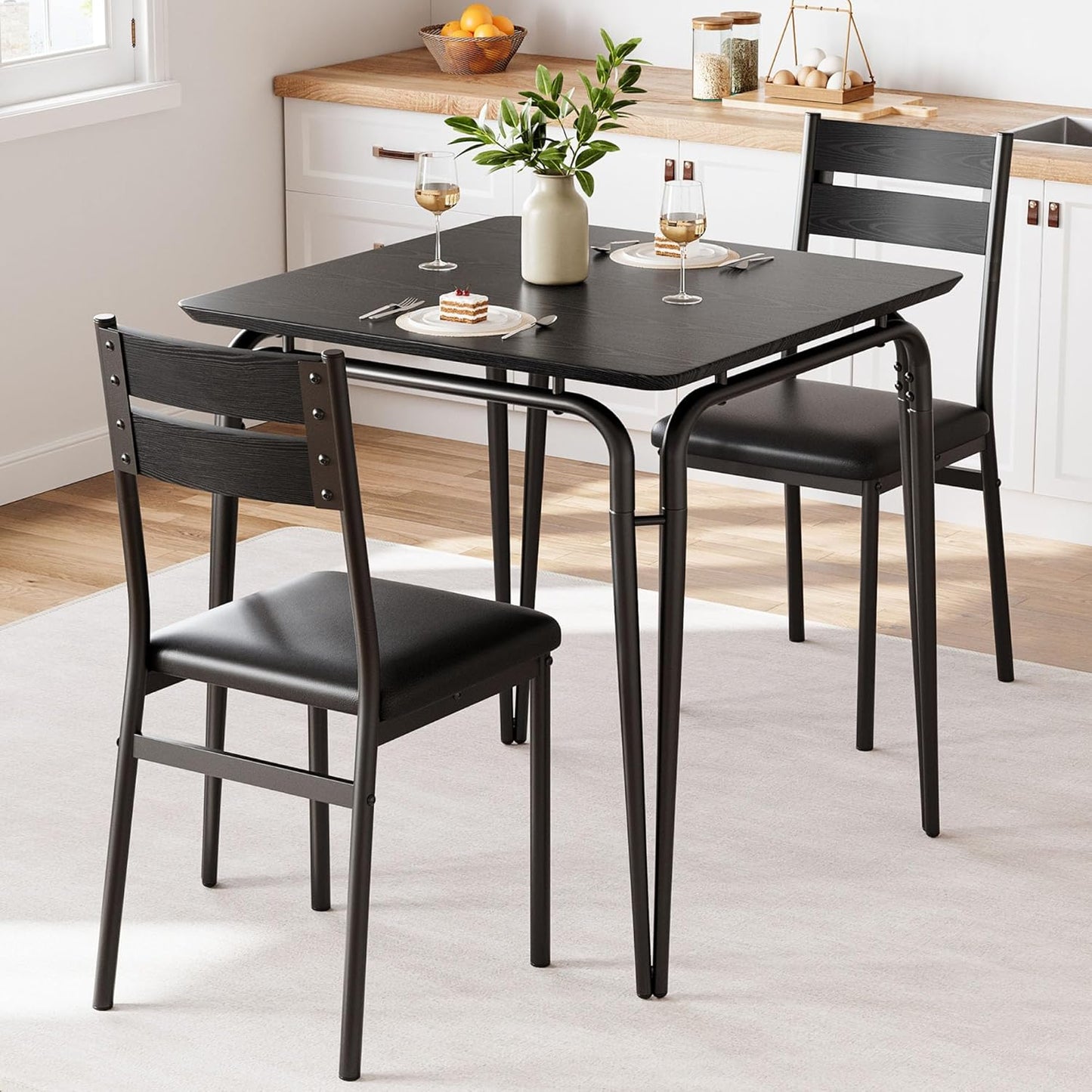 Dining Table for 2, Small Table and Chairs Set of 2, Square Dinette Set for 2, 3 Piece Kitchen & Dining Room Sets for Small Space (Black, Table with 2 Upholstered Chairs)