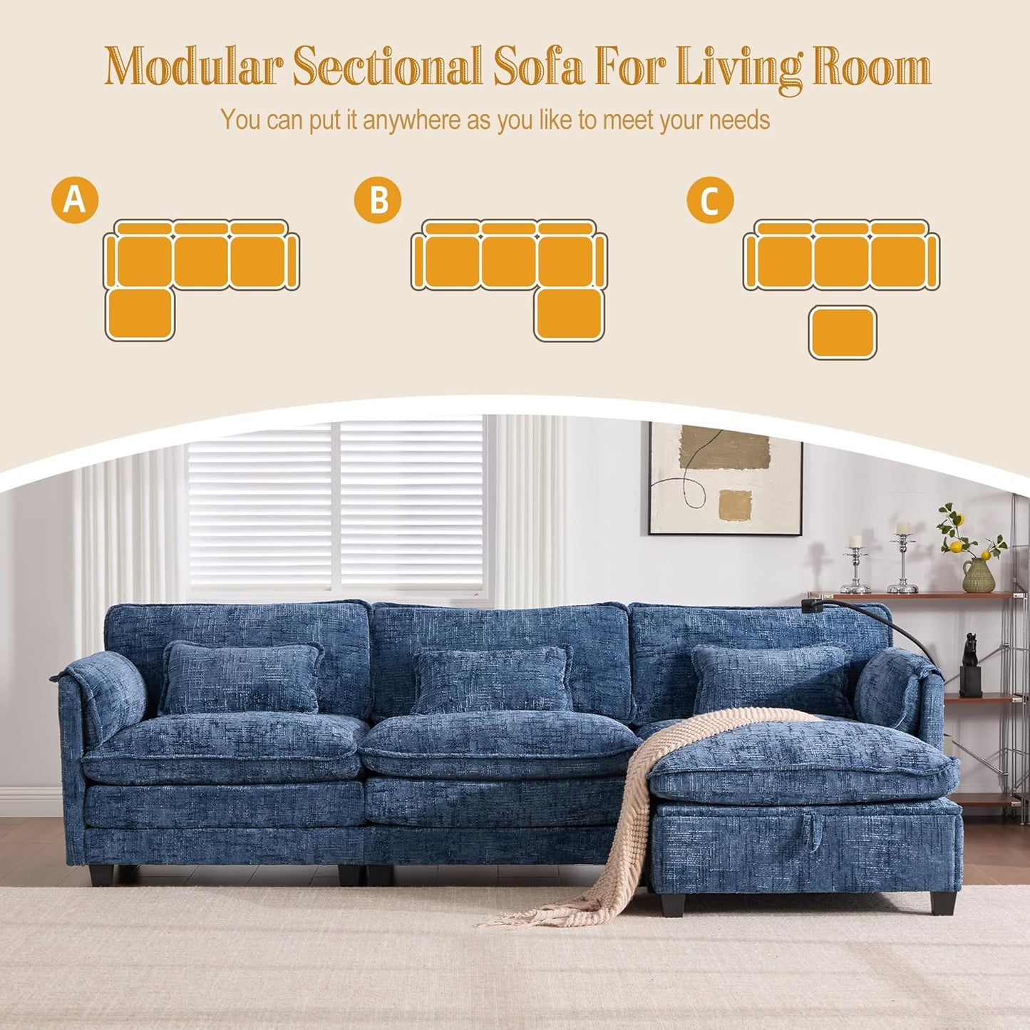Ball & Cast Modular Sectional Sofa,L Shaped Couch with Movable Storage Ottoman,Chenille Upholstered Sofa W/USB Charging Port,Phone Holder and Side Pocket,for Living Room,Apartment,Navy,109"