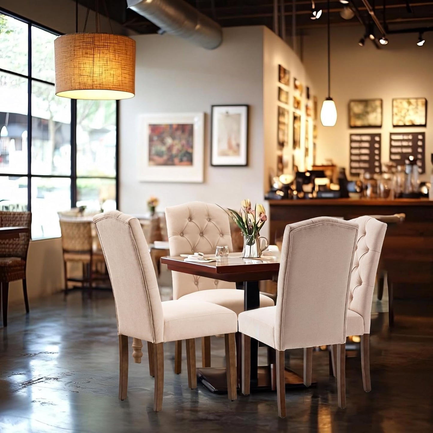 Tufted Upholstered Parsons Dining Chair Set Fabric Diner Accent Stylish Modern Kitchen Living Room with Button Sturdy Solid Wood Legs