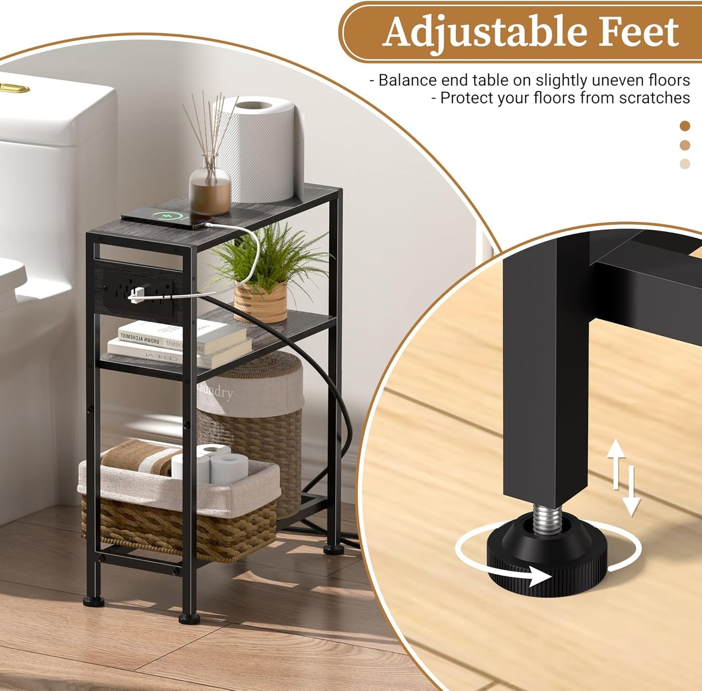 Small Narrow Side Table with Charging Station, Skinny End Table for Small Spaces, Slim Nightstand with Outlets, Sofa Bedside Table in Living Room, Bedroom, Study, Kitchen and Balcony(Grey)