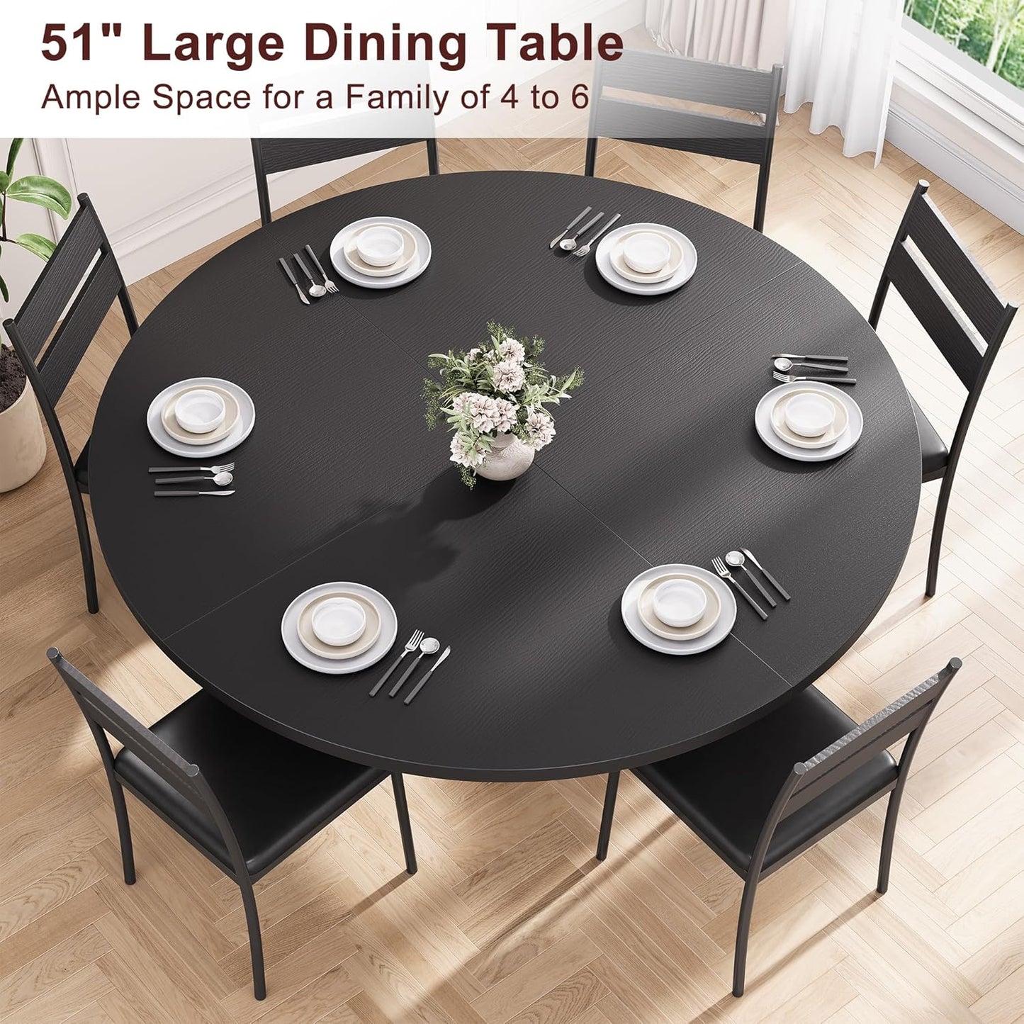 51‘’ Round Dining Table Set for 4, Kitchen Table and Chairs for 4, Circle Table Round Pedestal Dining Room Dinner Dinette Table Set,5 Piece Space Saving Wood Kitchen & Dining Room Tables (Black, 51In)