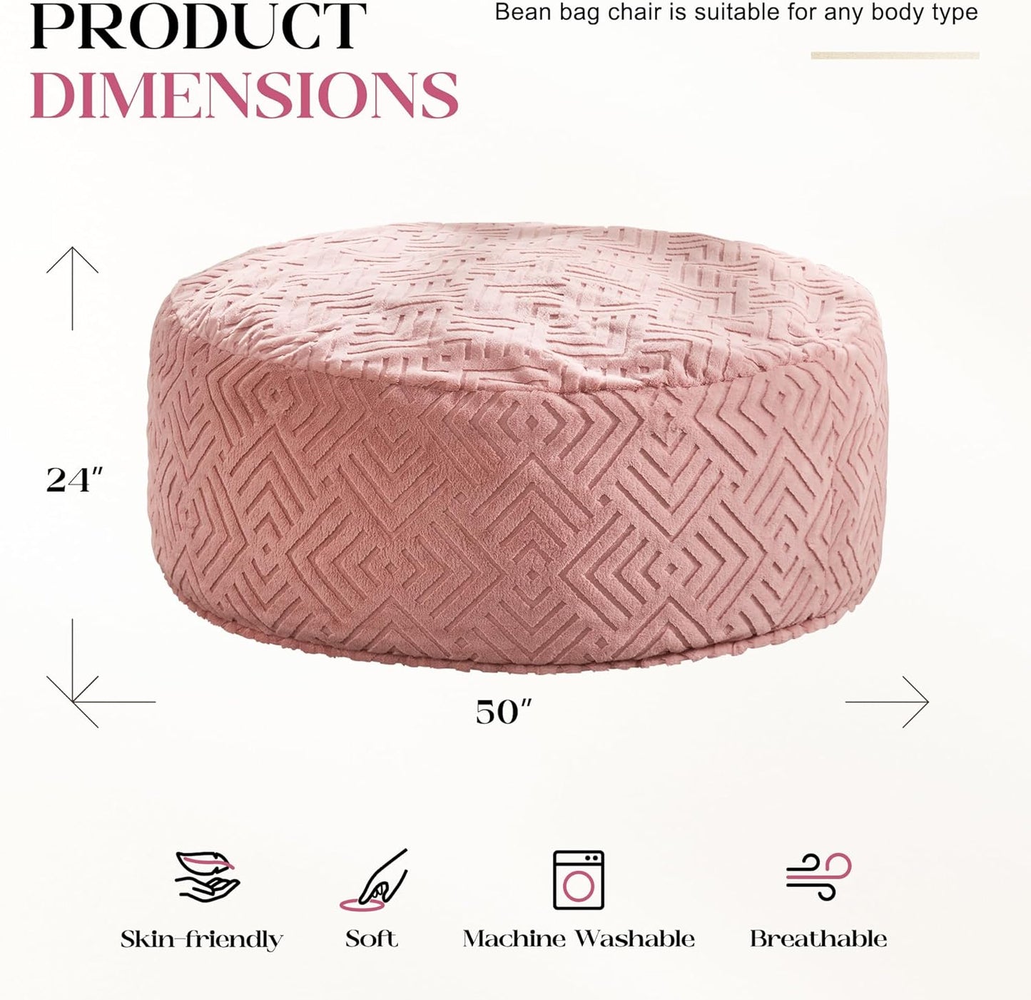 Hobestluk Bean Bag Chairs Adults Beanbag Chair with Filler Large Bean Bags with Fluffy Embossed Cover, Giant Bean Bag Chairs for Adults (Pink, 5FT - 50” x 50” x 24”)