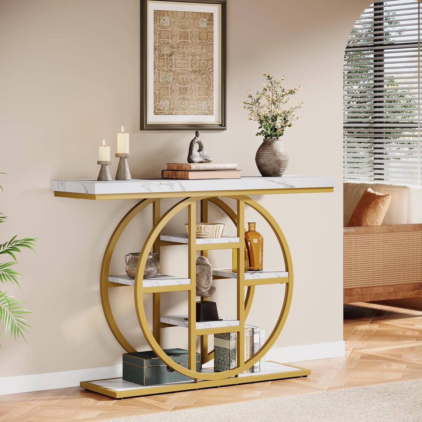 41" Console Table, 4-Tier Entryway Table with Circle Base, Industrial Narrow Wood Sofa Accent Tables with Storage Shelves for Living Room, Hallway, Foyer (White Gold)