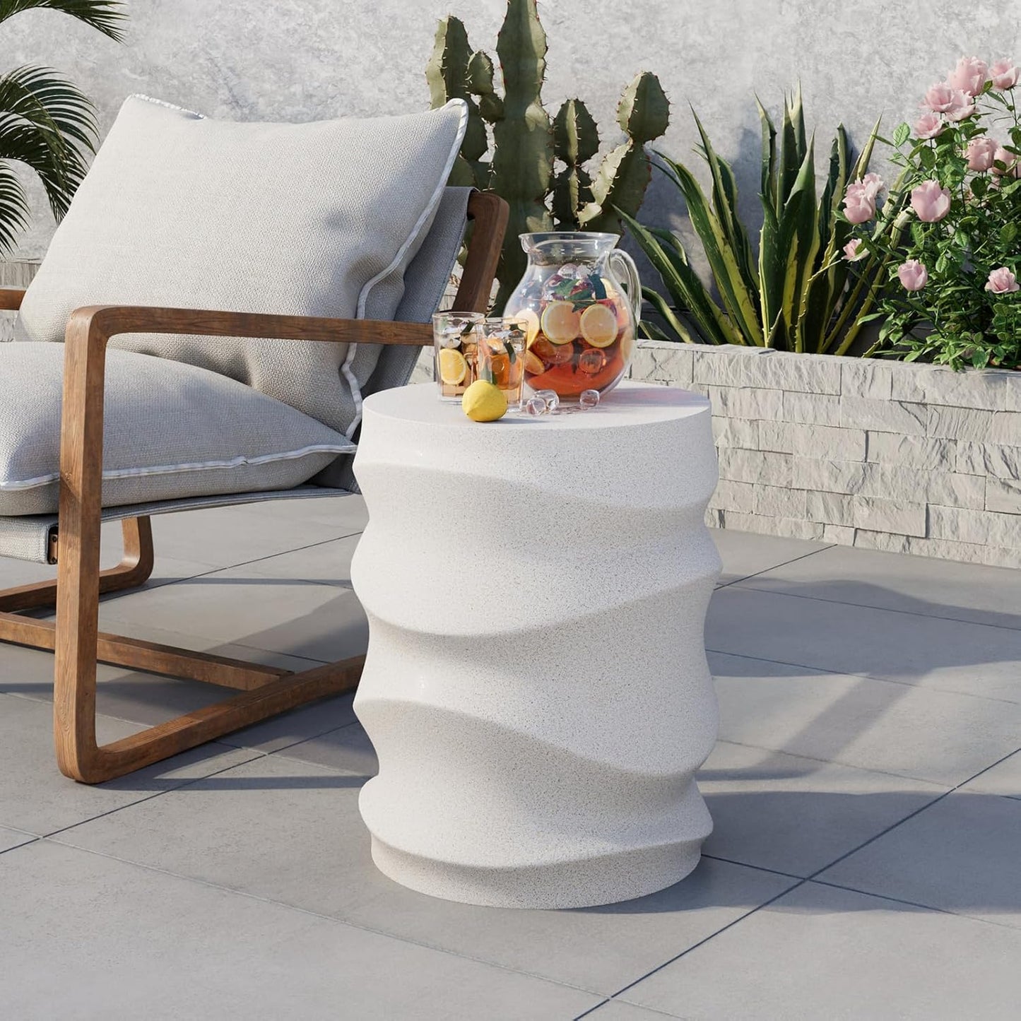 COSIEST Outdoor Side Table, 18''H Concrete Side Table for Patio, Streamlined Lightweight Accent Table, Decorative Patio Garden Stools, Plant Stand Drum Table, Round, Spotted White