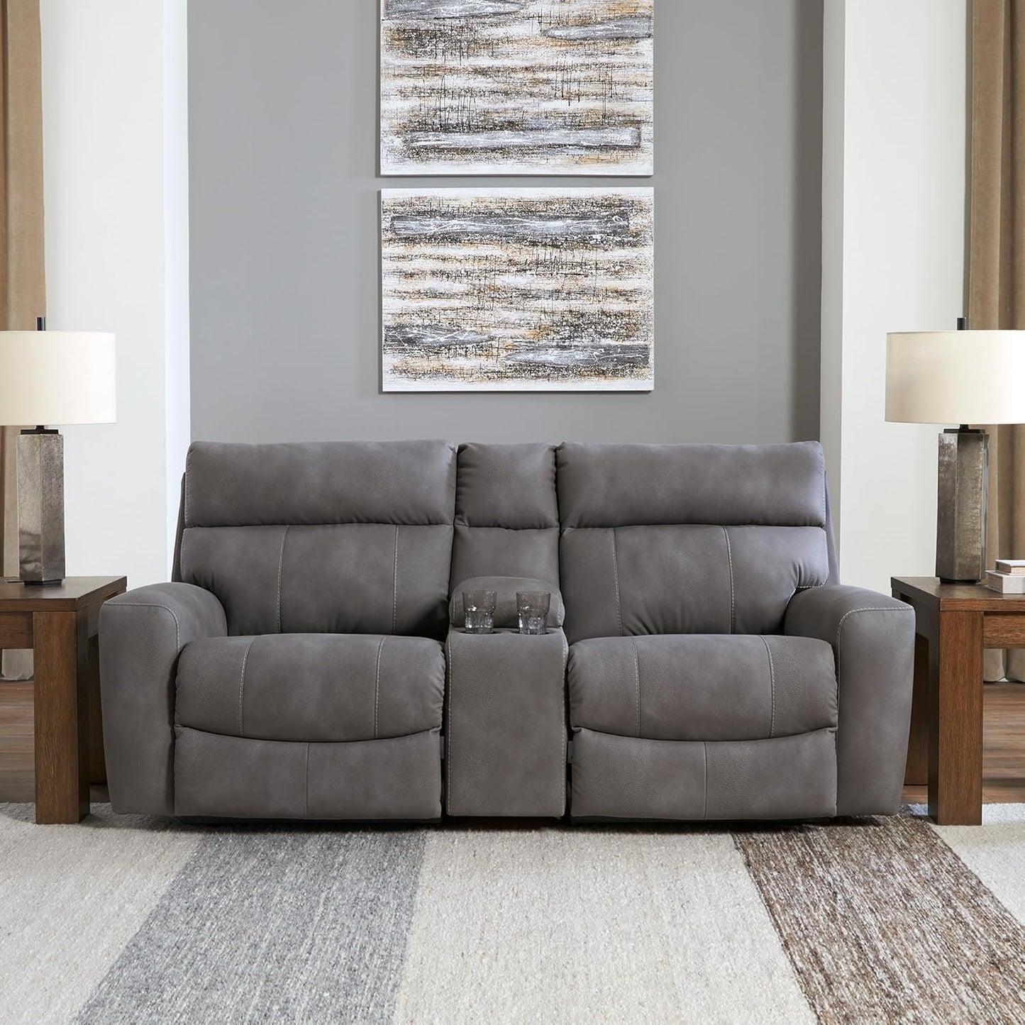 Signature Design by Ashley Next-Gen DuraPella Contemporary Faux Leather Modular Wall Hugger 3-Piece Power Reclining Sectional Loveseat with Console, Adjustable Headrest and USB Ports, Gray