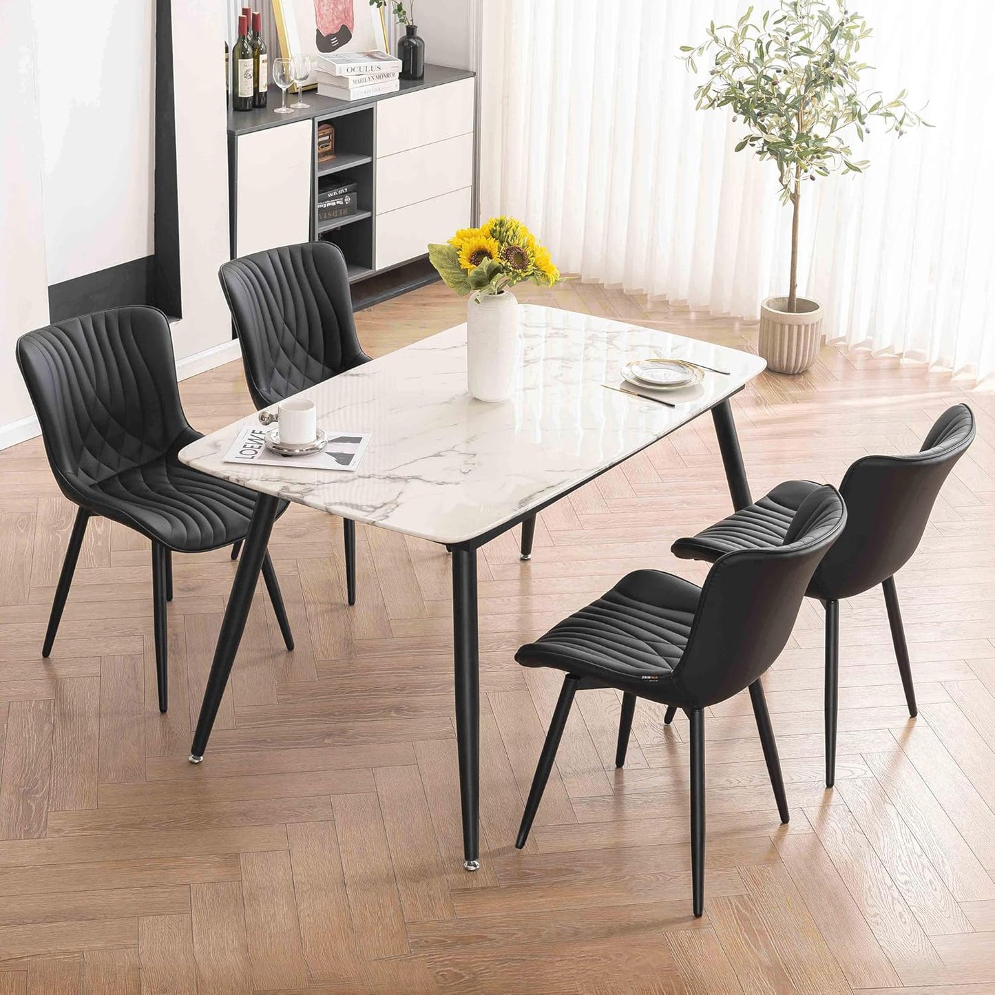 Kidol & Shellder Black Dining Chairs Set of 2,Faux Leather Upholstered Mid Century Modern Kitchen&Dining Room Chair with Back,Ergonomic Armless Vanity&Living Room Chair with Metal Legs
